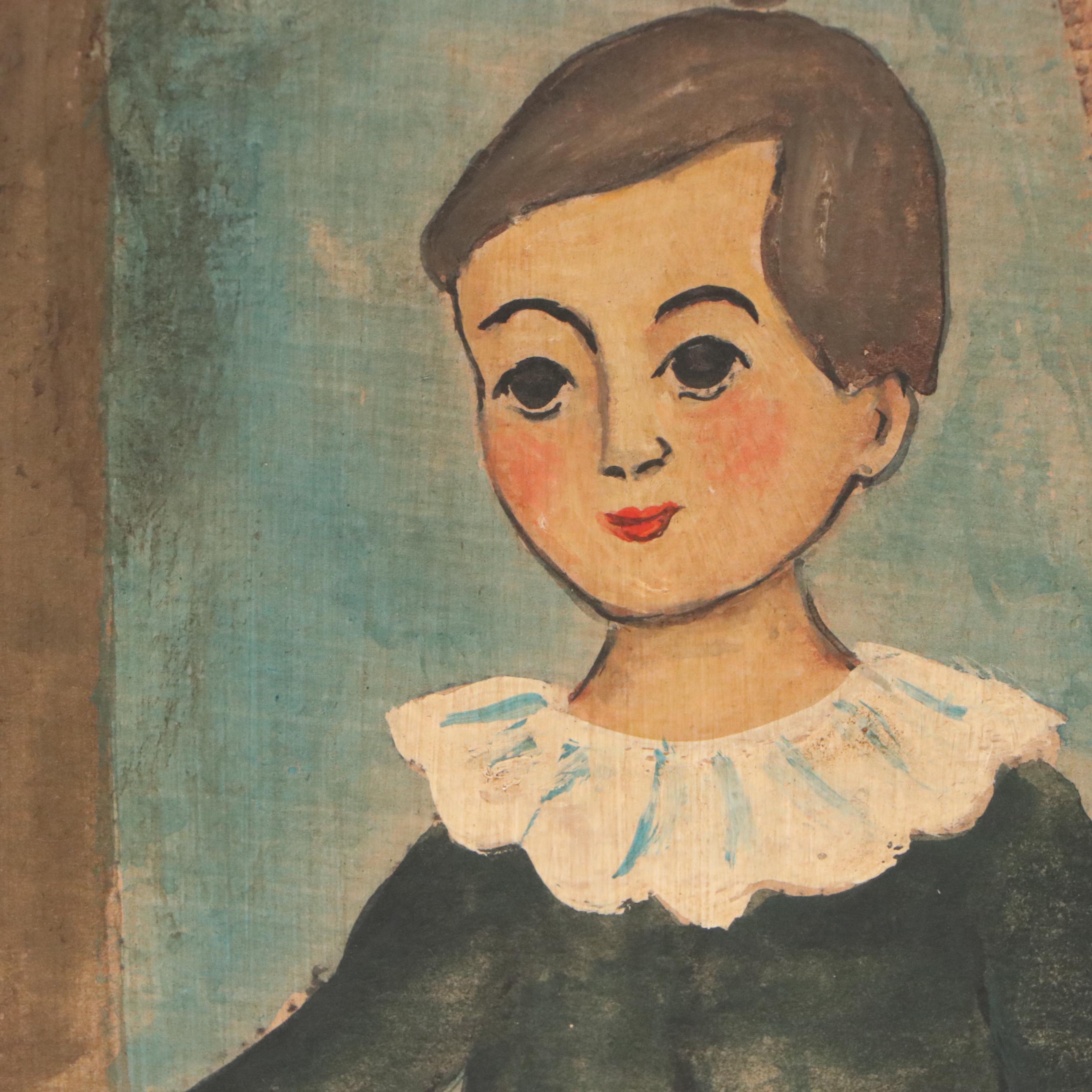 Oil Painting Folk Art Portrait Set, Early to Mid-20th Century