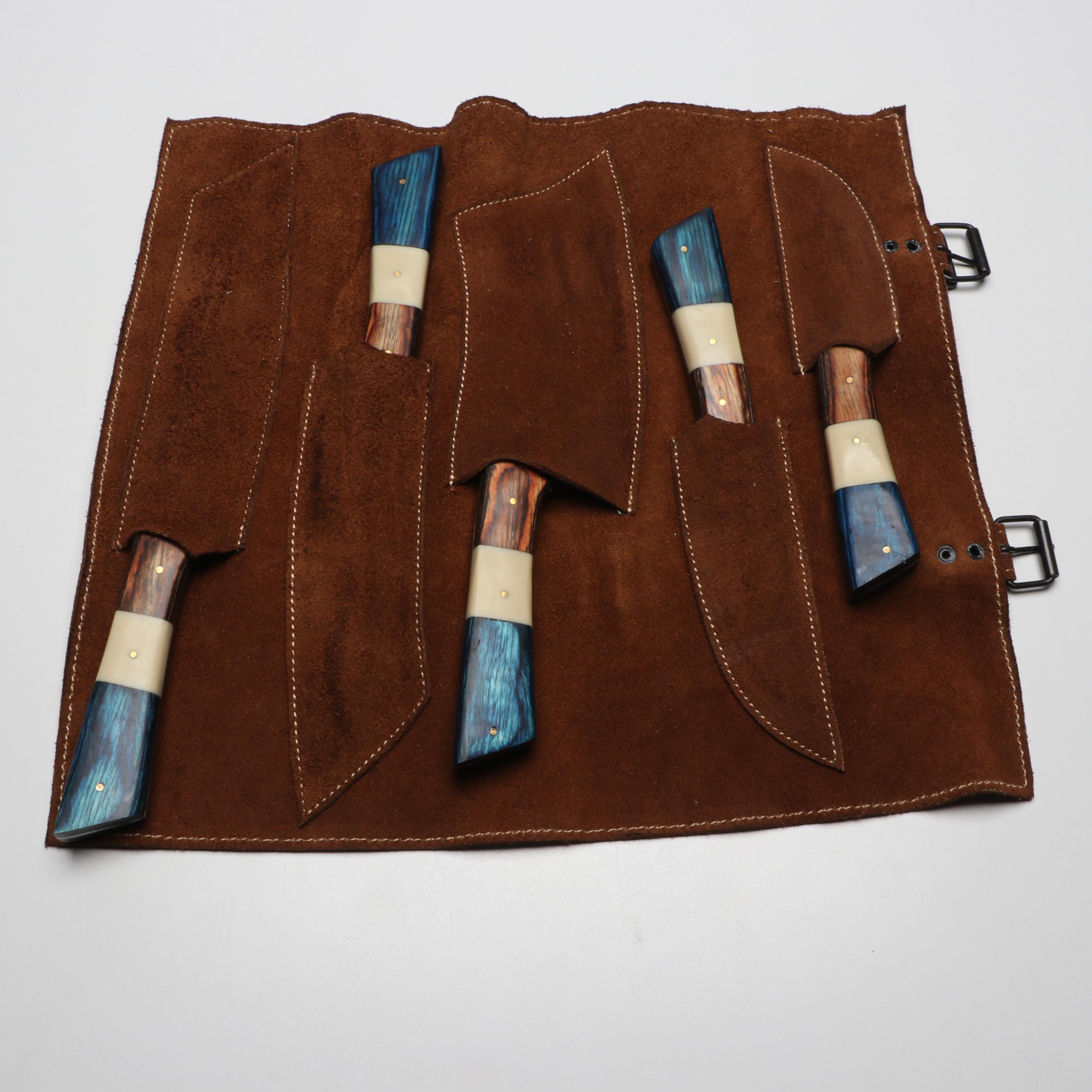 Hand-Forged Damascus Steel Kitchen Knives with Suede Sheath