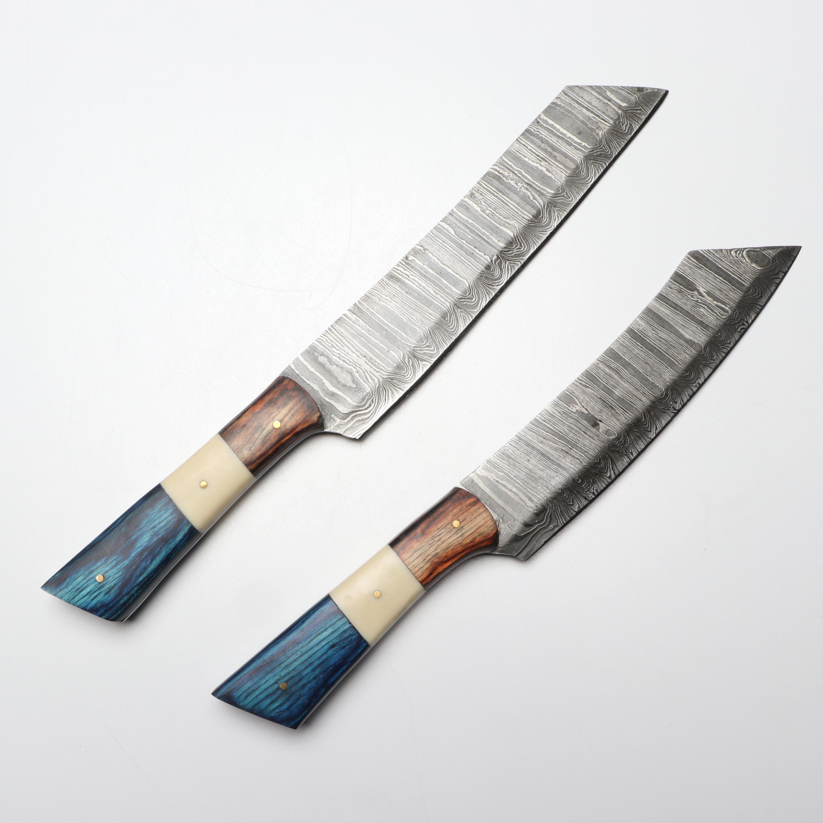 Hand-Forged Damascus Steel Kitchen Knives with Suede Sheath