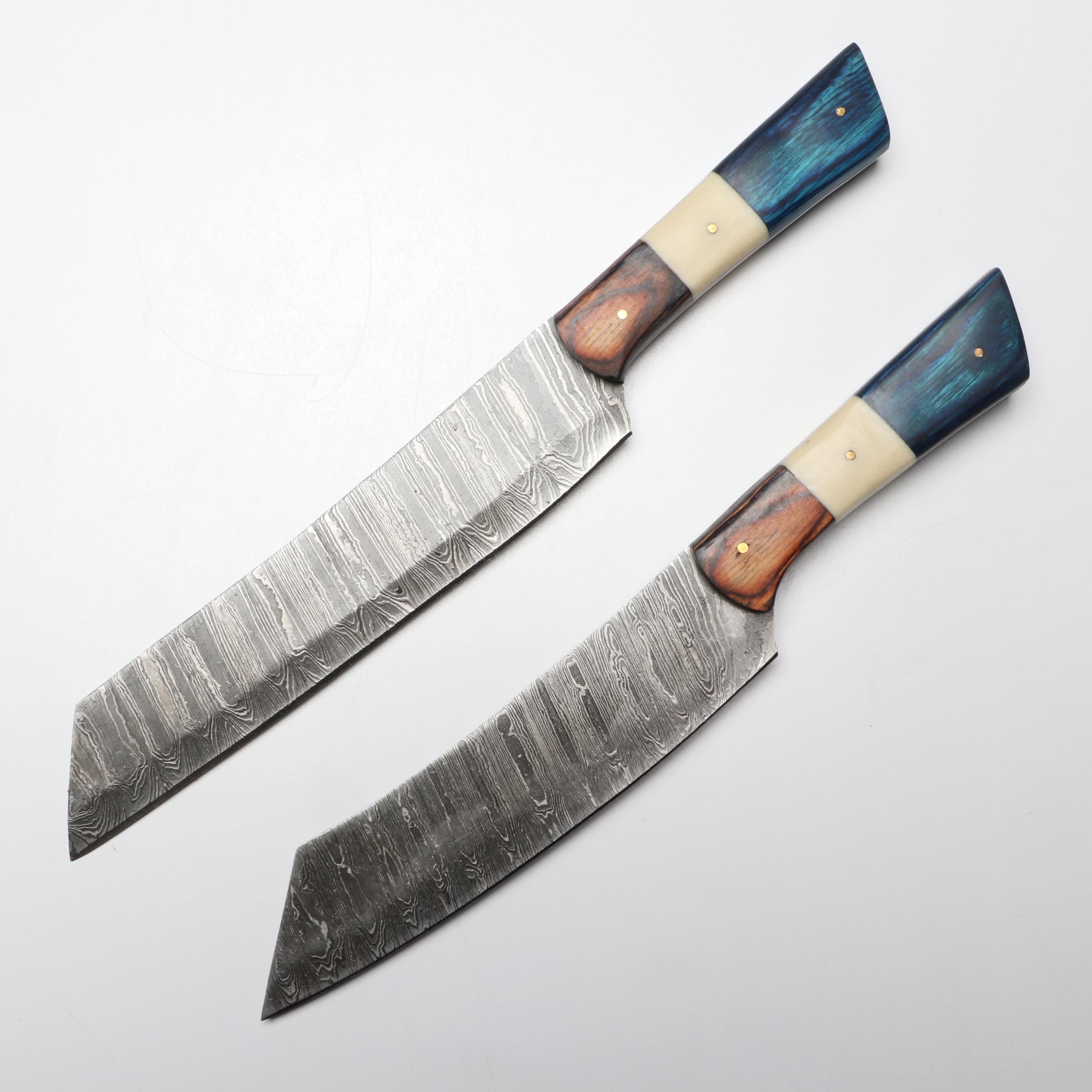 Hand-Forged Damascus Steel Kitchen Knives with Suede Sheath