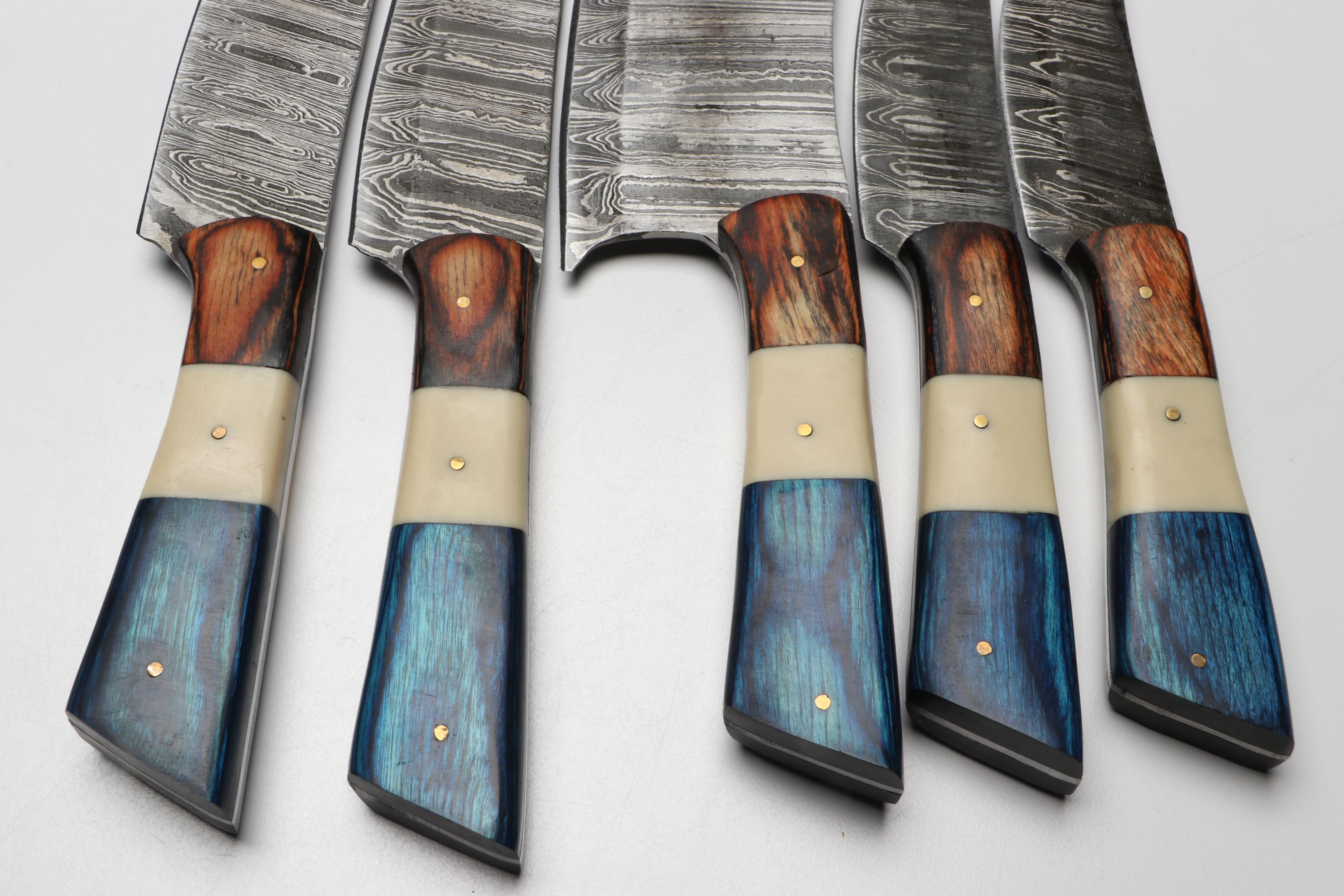 Hand-Forged Damascus Steel Kitchen Knives with Suede Sheath