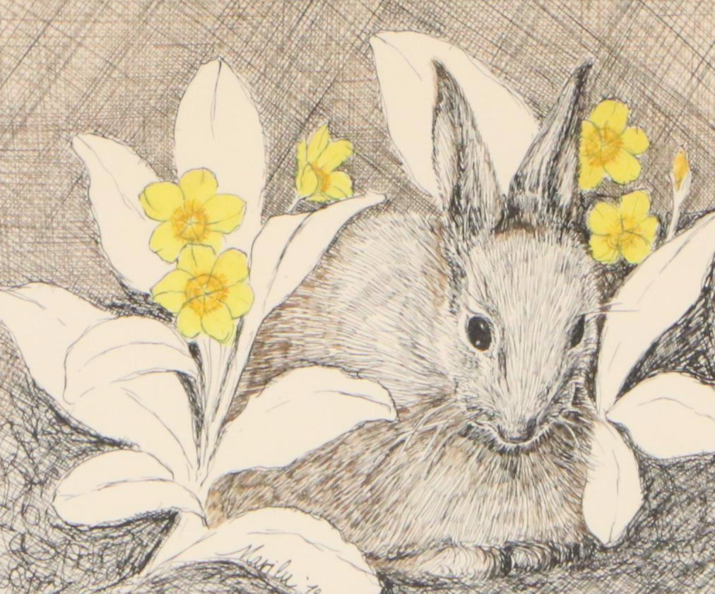 Marilu Tousignaut Drawing and Print of Rabbits, Circa 1978