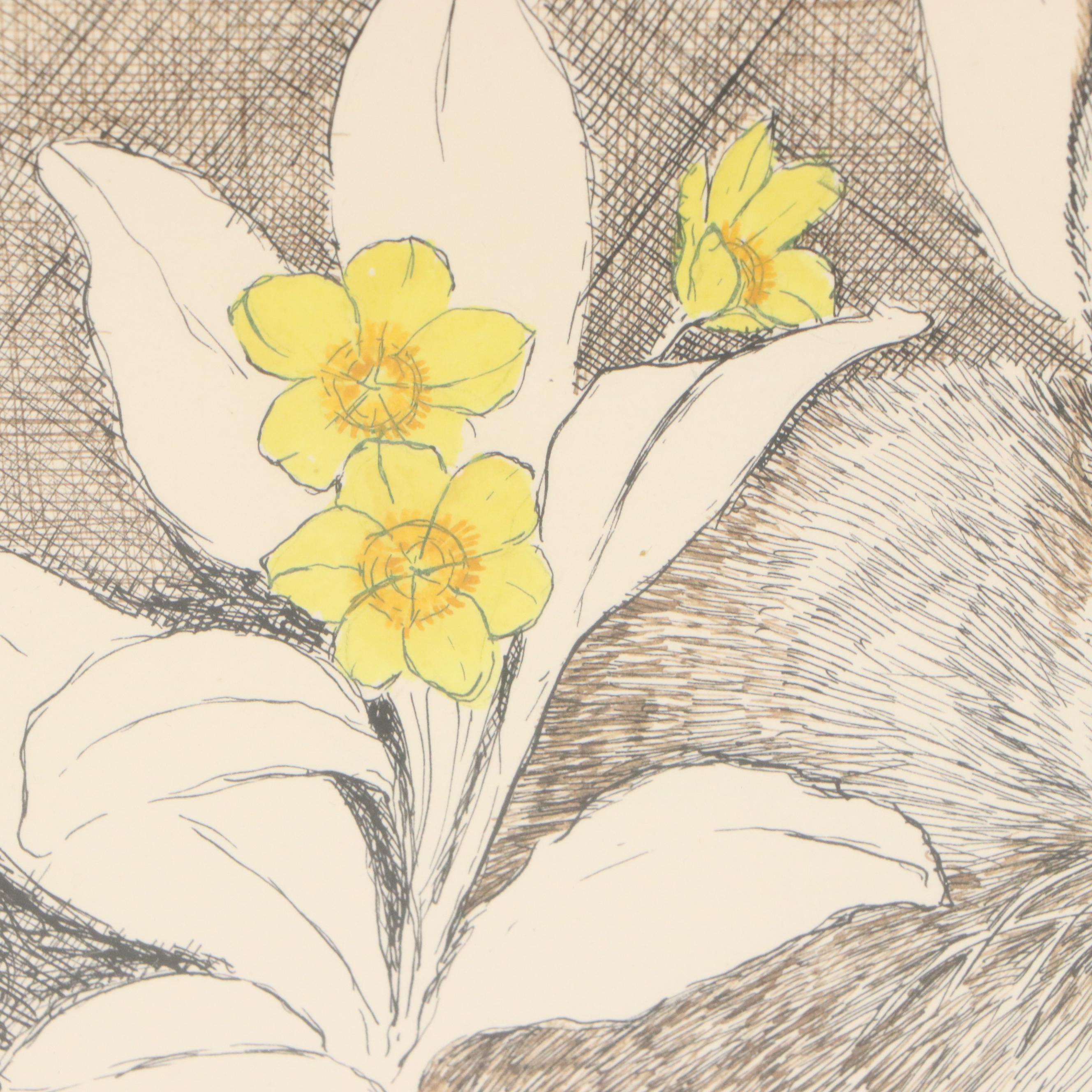 Marilu Tousignaut Drawing and Print of Rabbits, Circa 1978