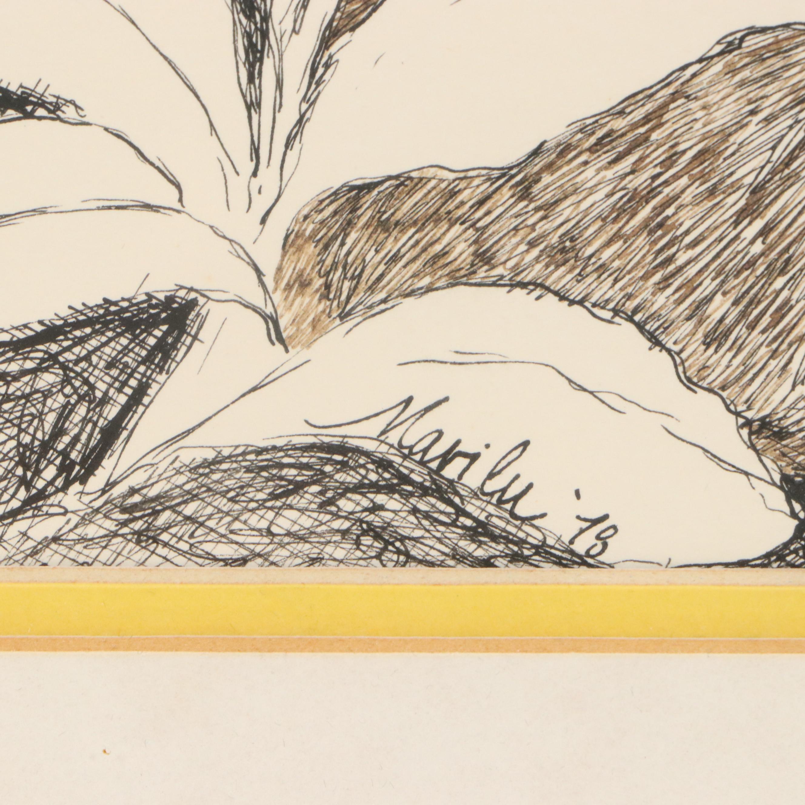 Marilu Tousignaut Drawing and Print of Rabbits, Circa 1978