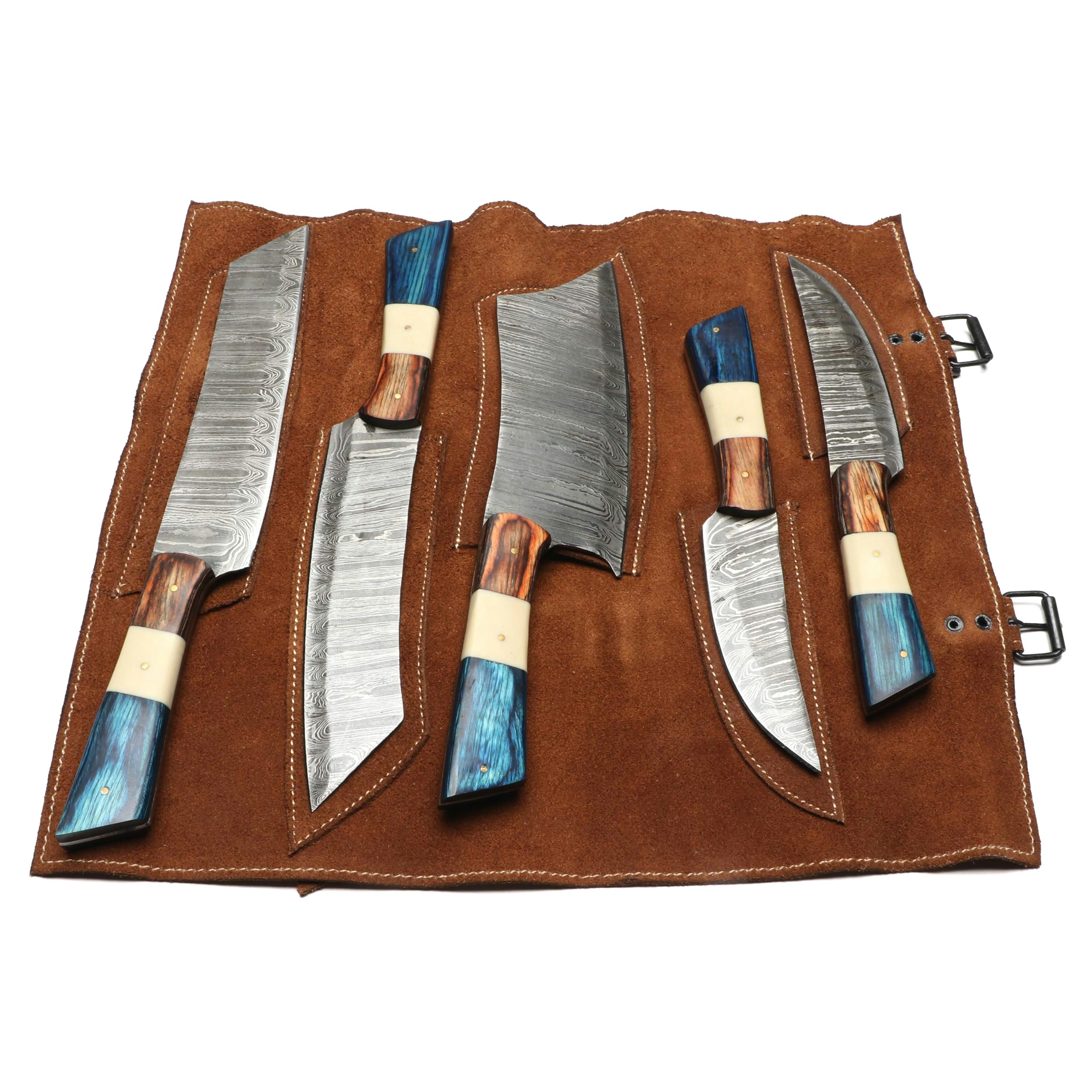 Hand-Forged Damascus Steel Kitchen Knives with Suede Sheath