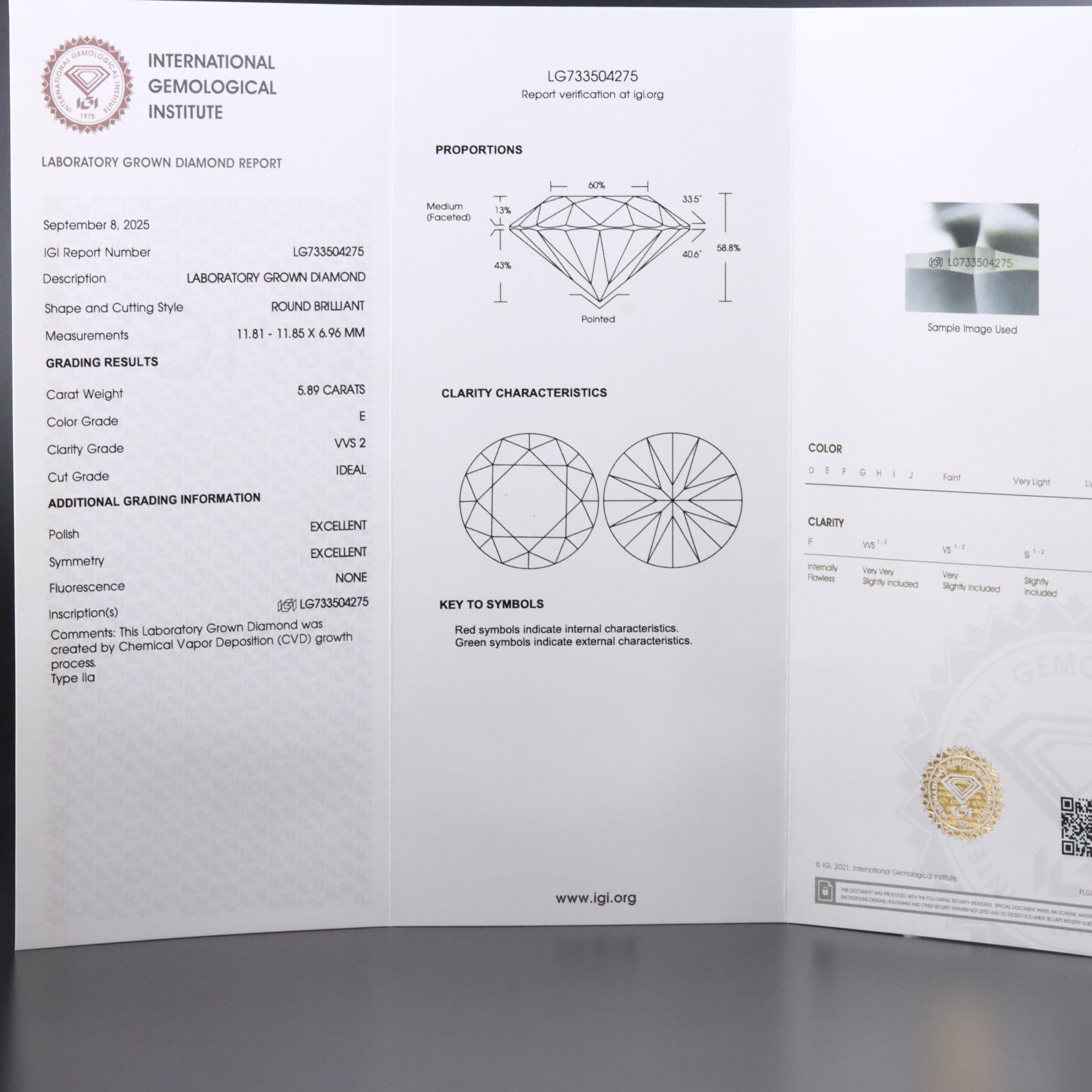 Loose 5.89 CT Lab Grown Diamond with IGI Report