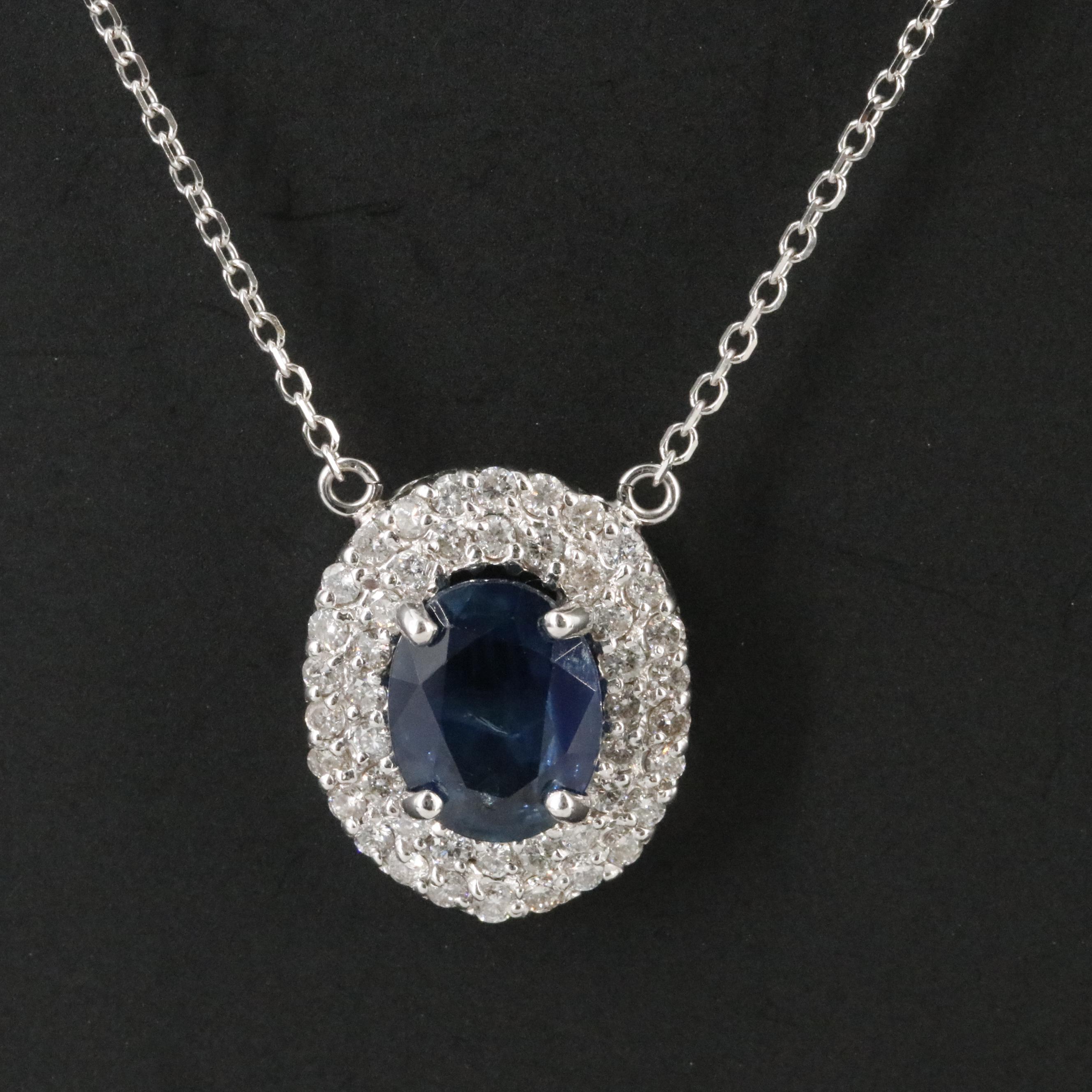 14K 2.18 CT Sapphire and Diamond Halo Pendant Necklace