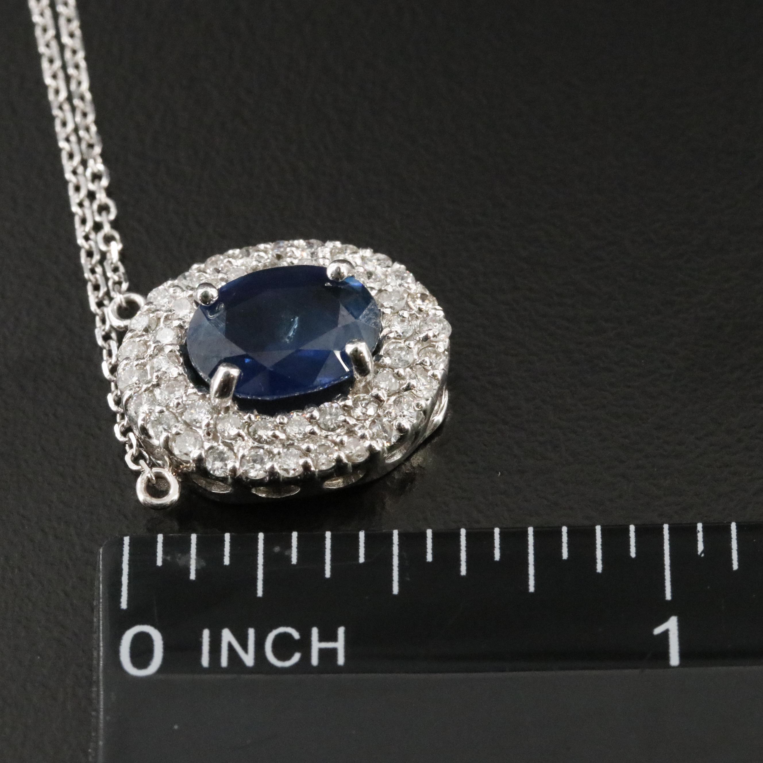 14K 2.18 CT Sapphire and Diamond Halo Pendant Necklace