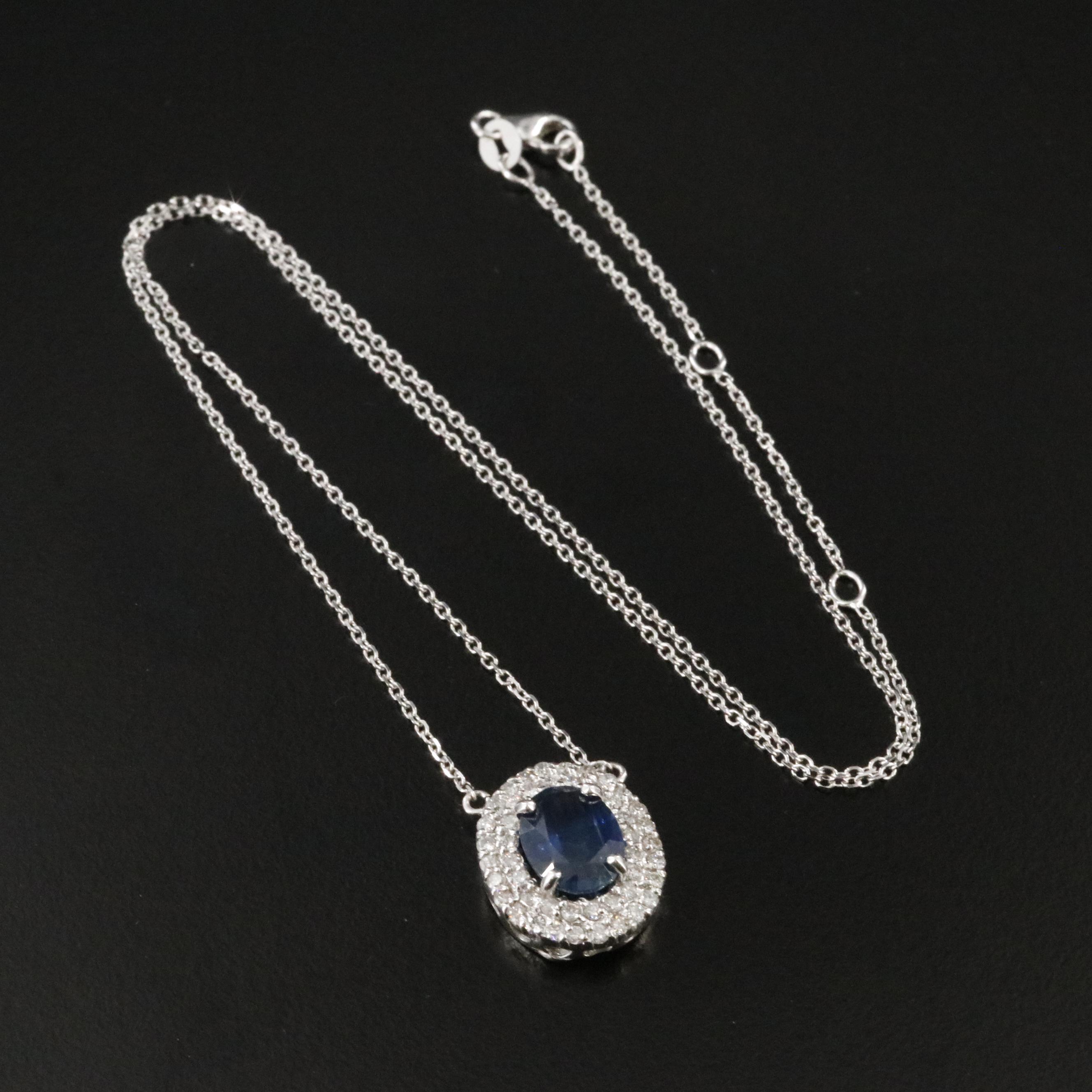 14K 2.18 CT Sapphire and Diamond Halo Pendant Necklace
