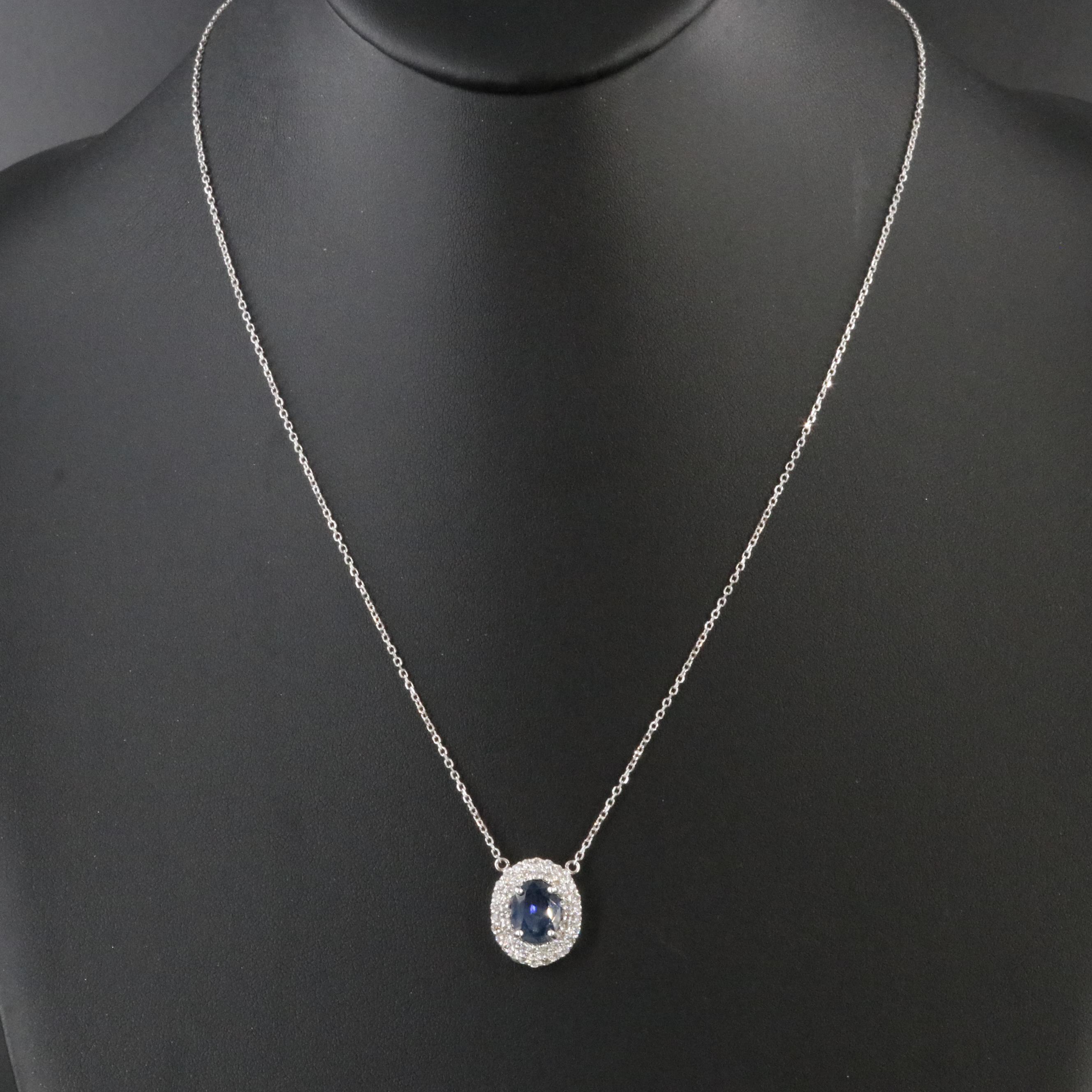 14K 2.18 CT Sapphire and Diamond Halo Pendant Necklace