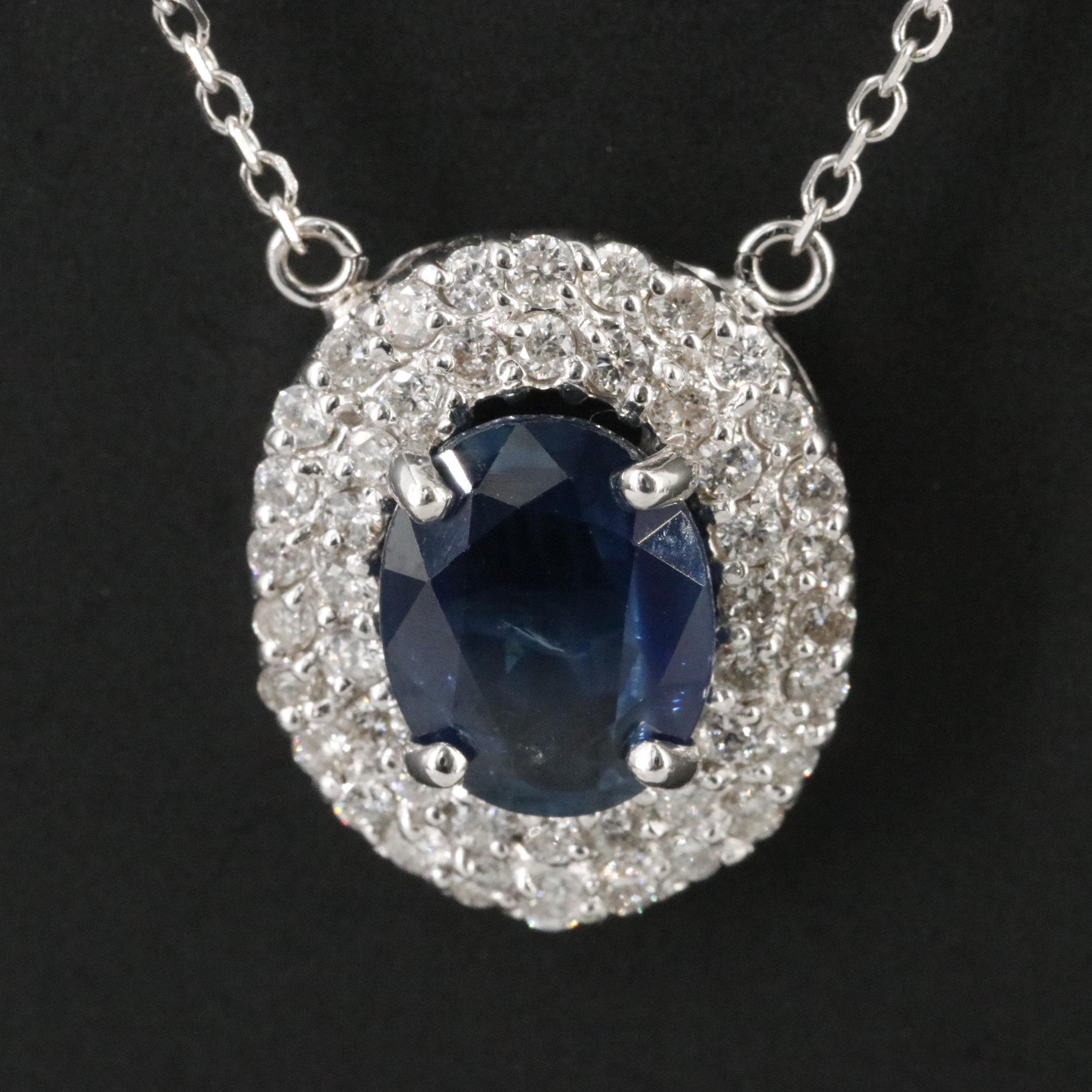 14K 2.18 CT Sapphire and Diamond Halo Pendant Necklace