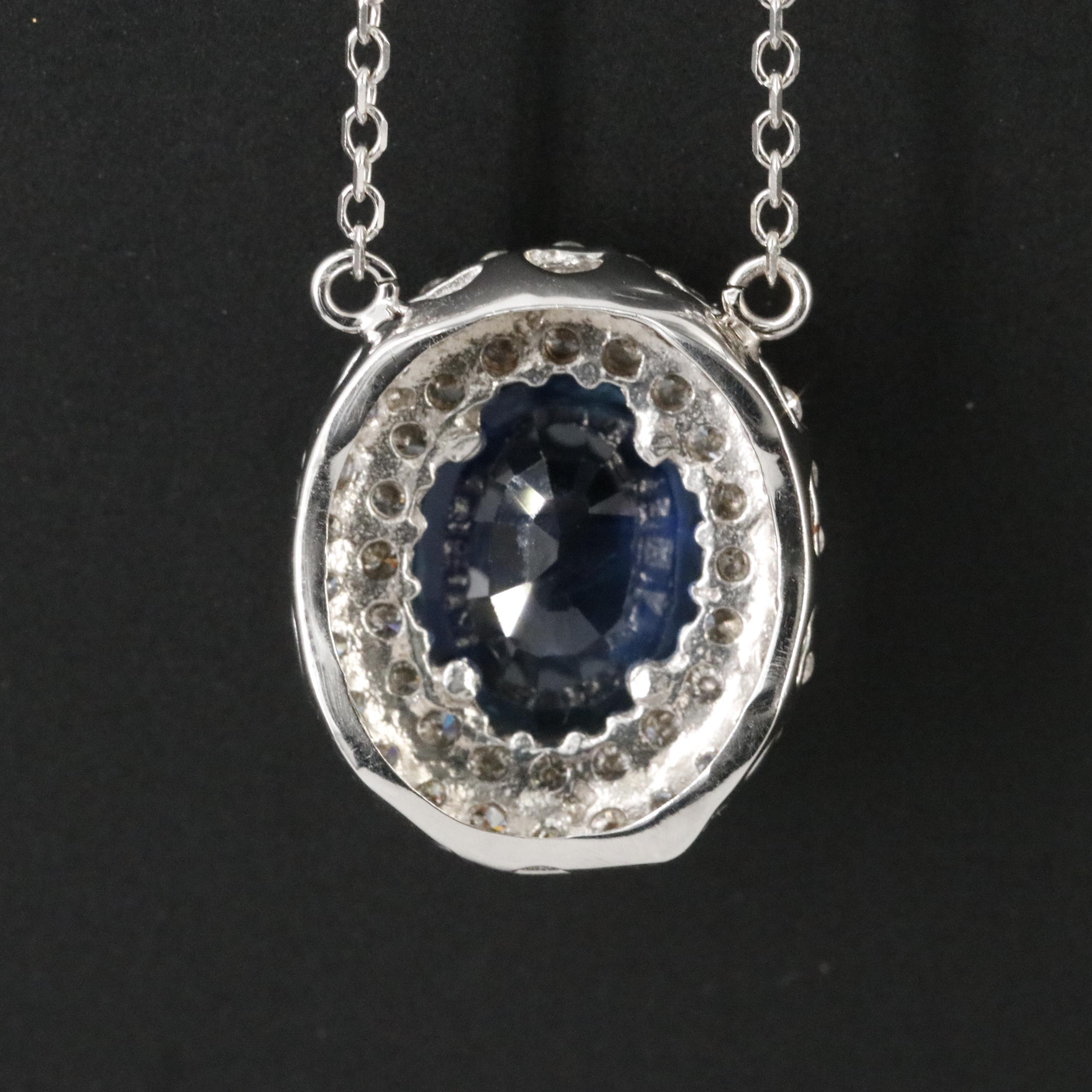 14K 2.18 CT Sapphire and Diamond Halo Pendant Necklace