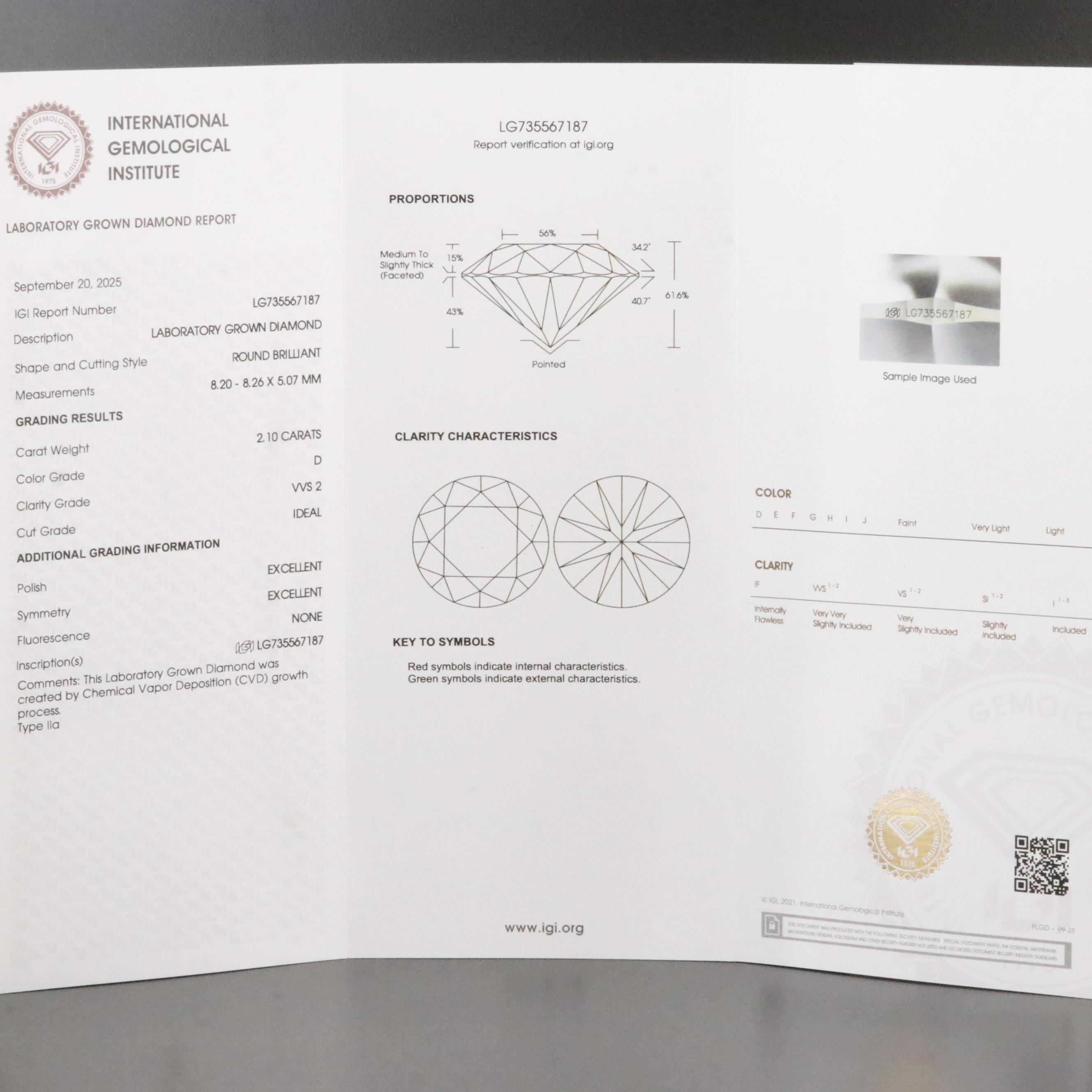 Loose 2.10 CT Lab Grown Diamond with IGI Report