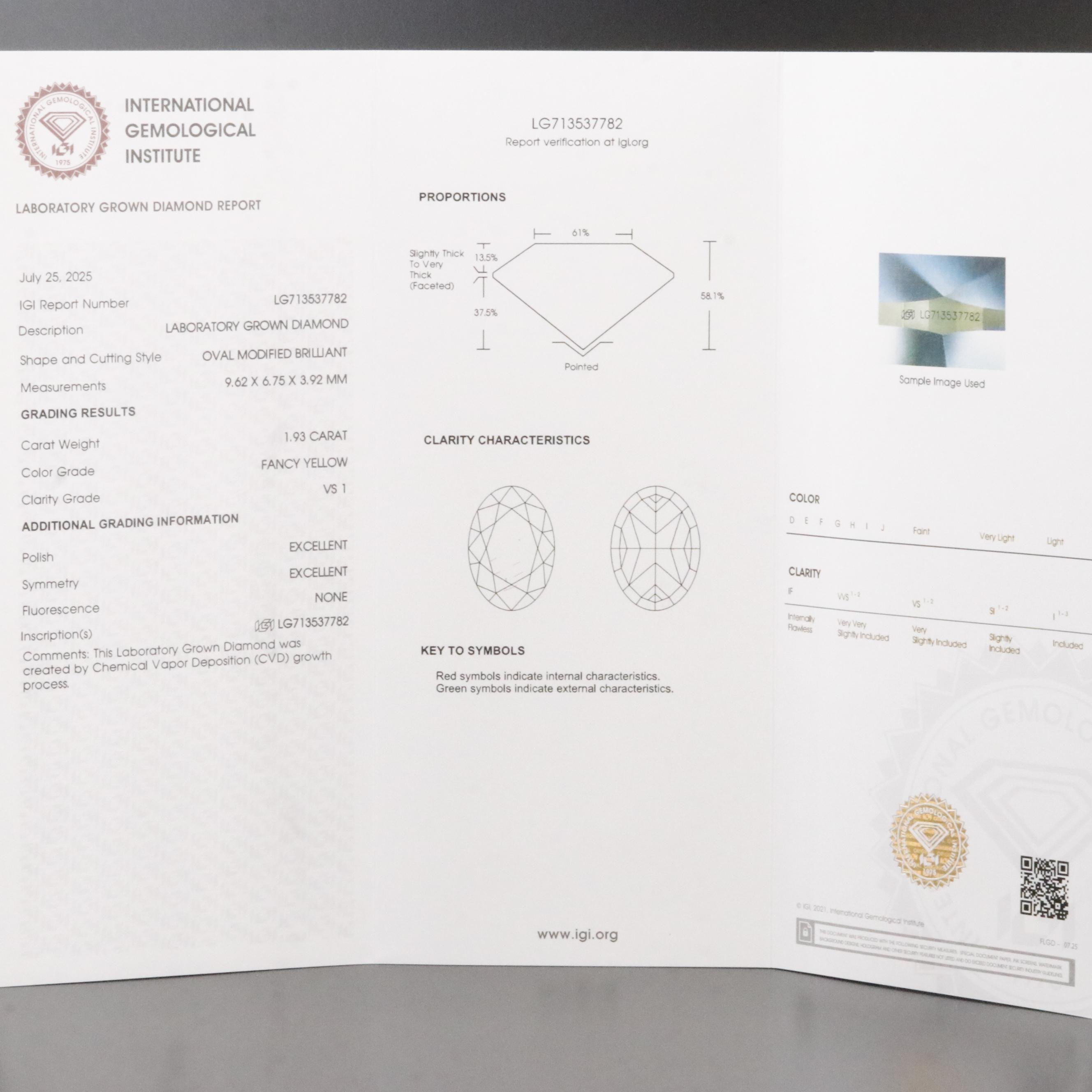 Loose 1.93 CT Lab Grown Fancy Yellow Diamond with IGI Report