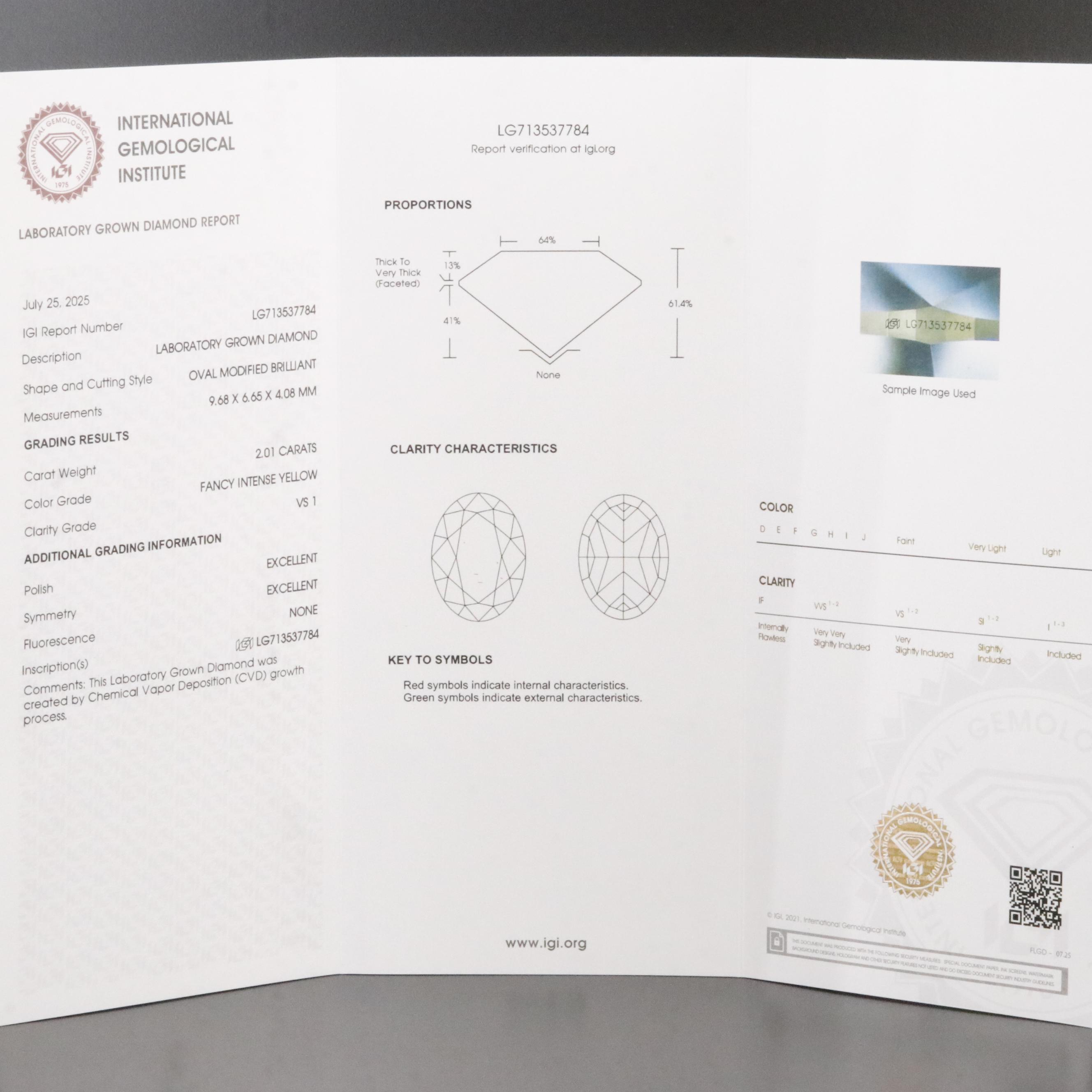 Loose 2.01 CT Lab Grown Fancy Yellow Diamond with IGI Report