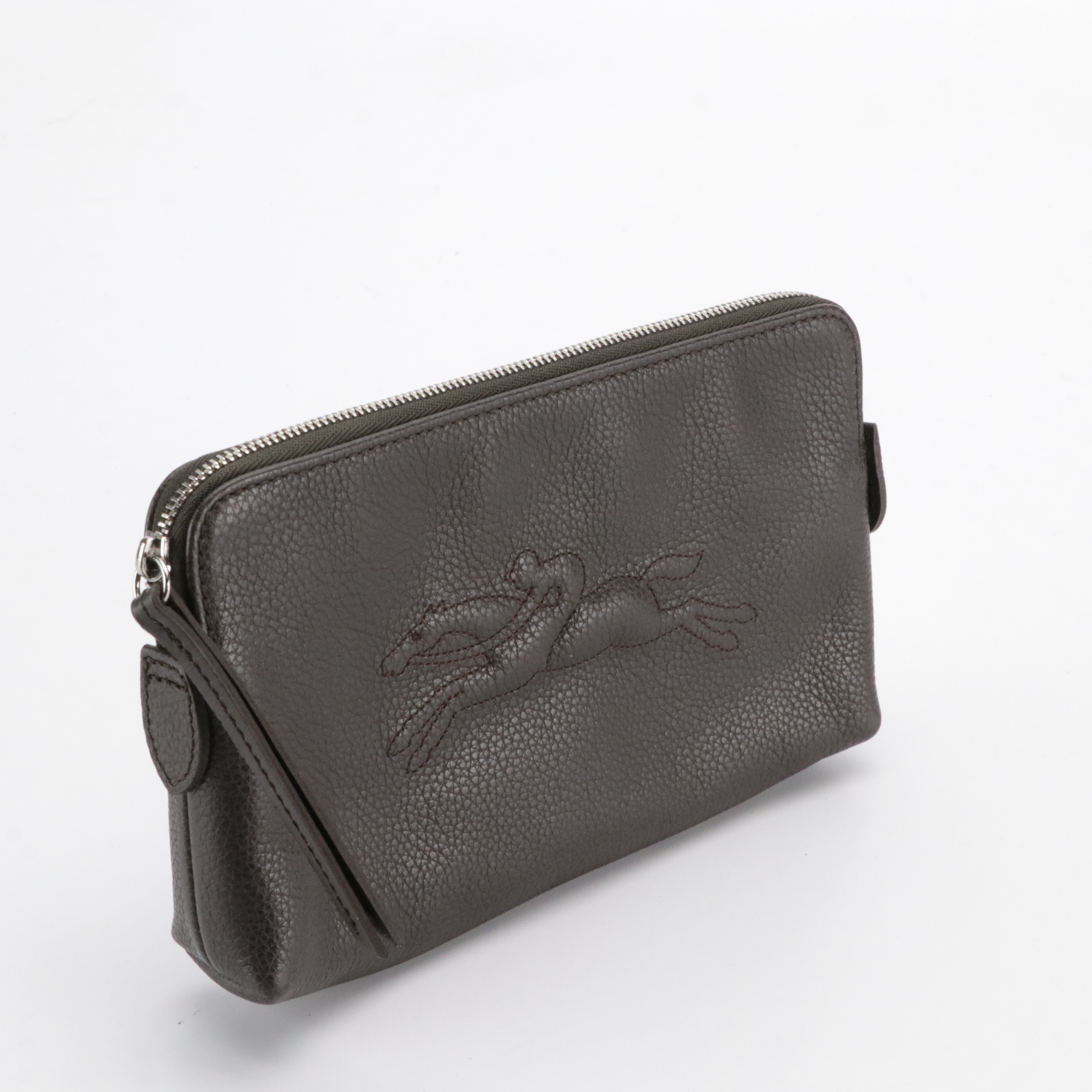 Longchamp Embossed Logo Zip Pouch in Leather