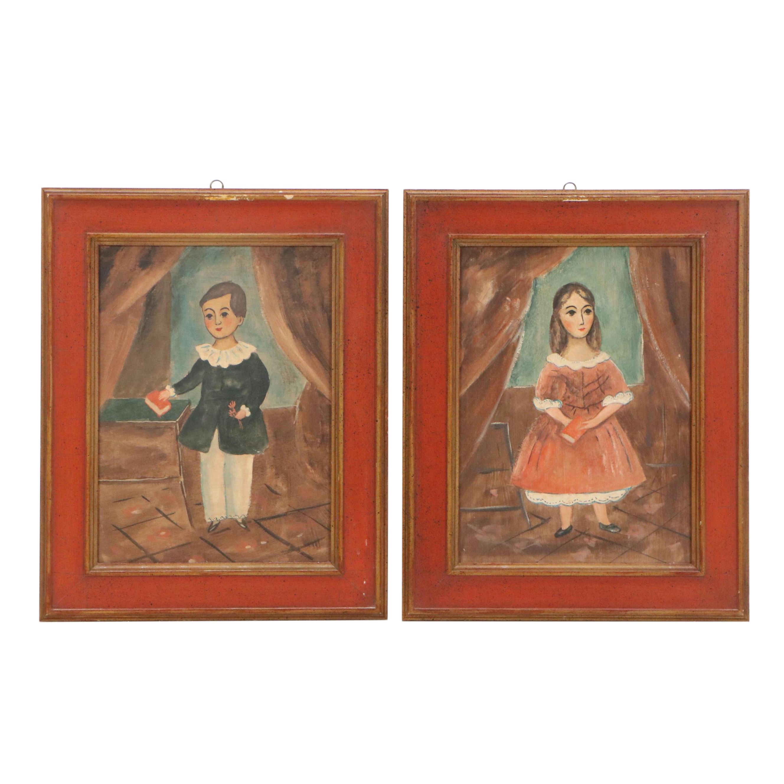 Oil Painting Folk Art Portrait Set, Early to Mid-20th Century