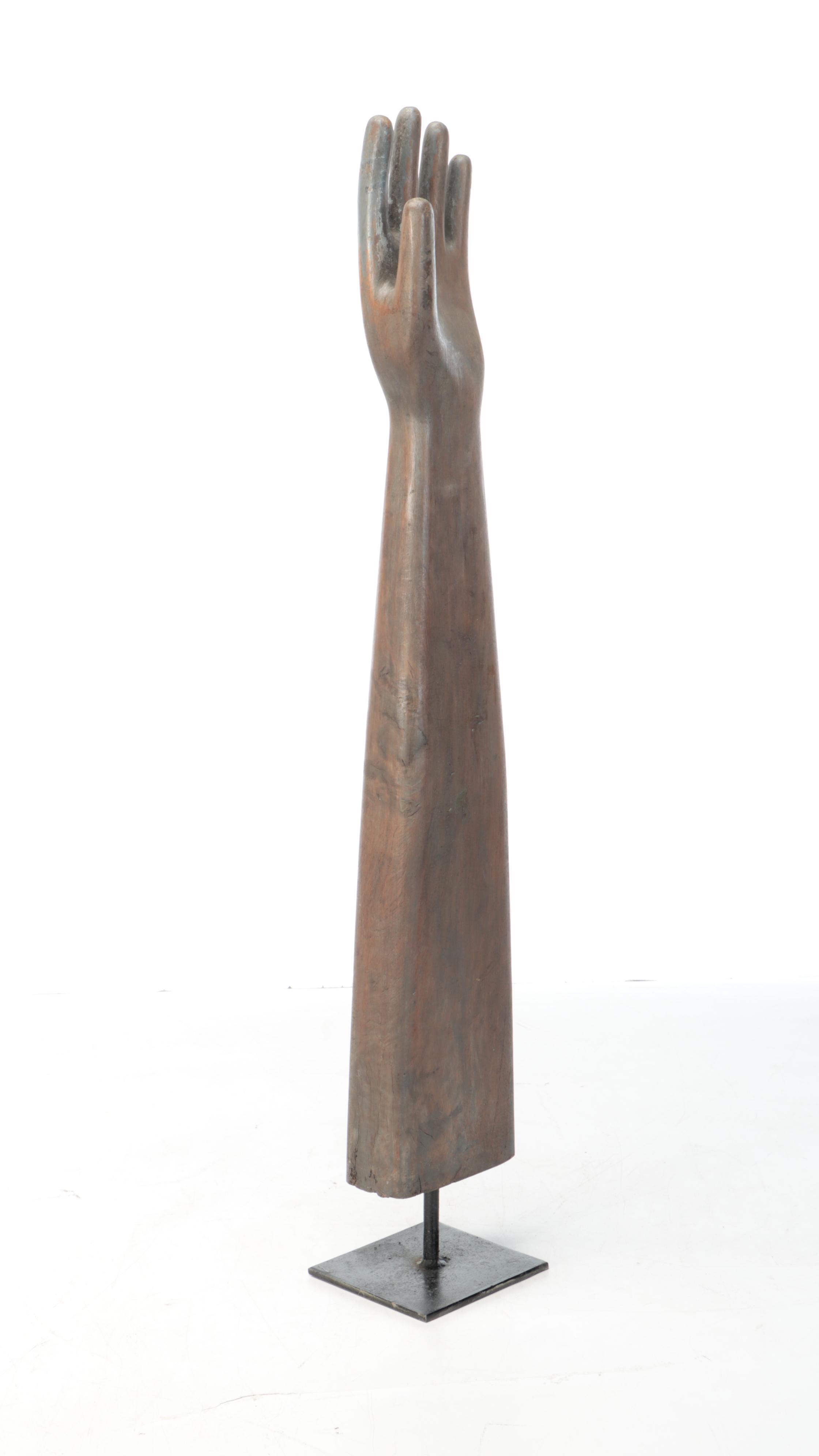 Folk Art Style Antiqued Wooden Hand on Metal Base