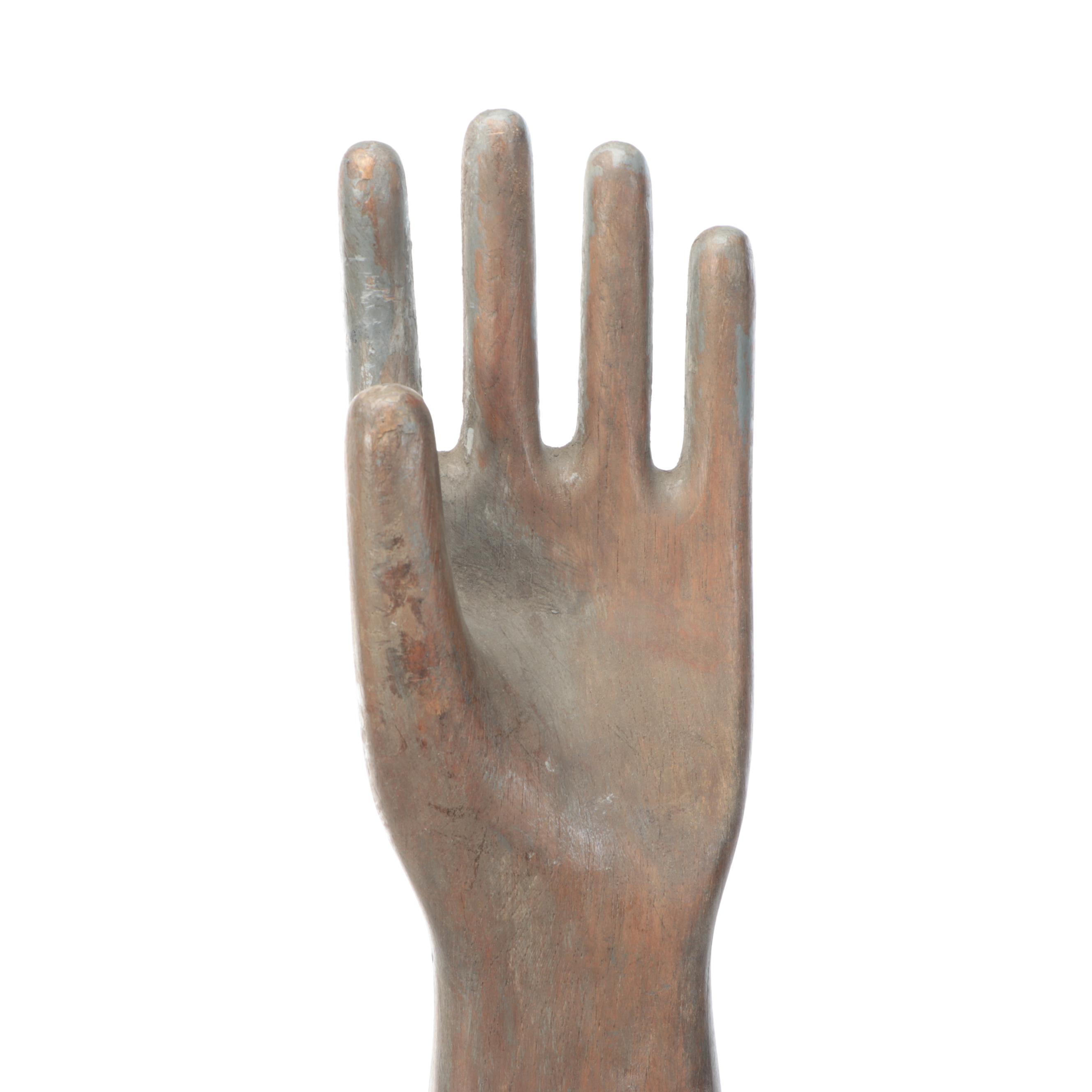 Folk Art Style Antiqued Wooden Hand on Metal Base