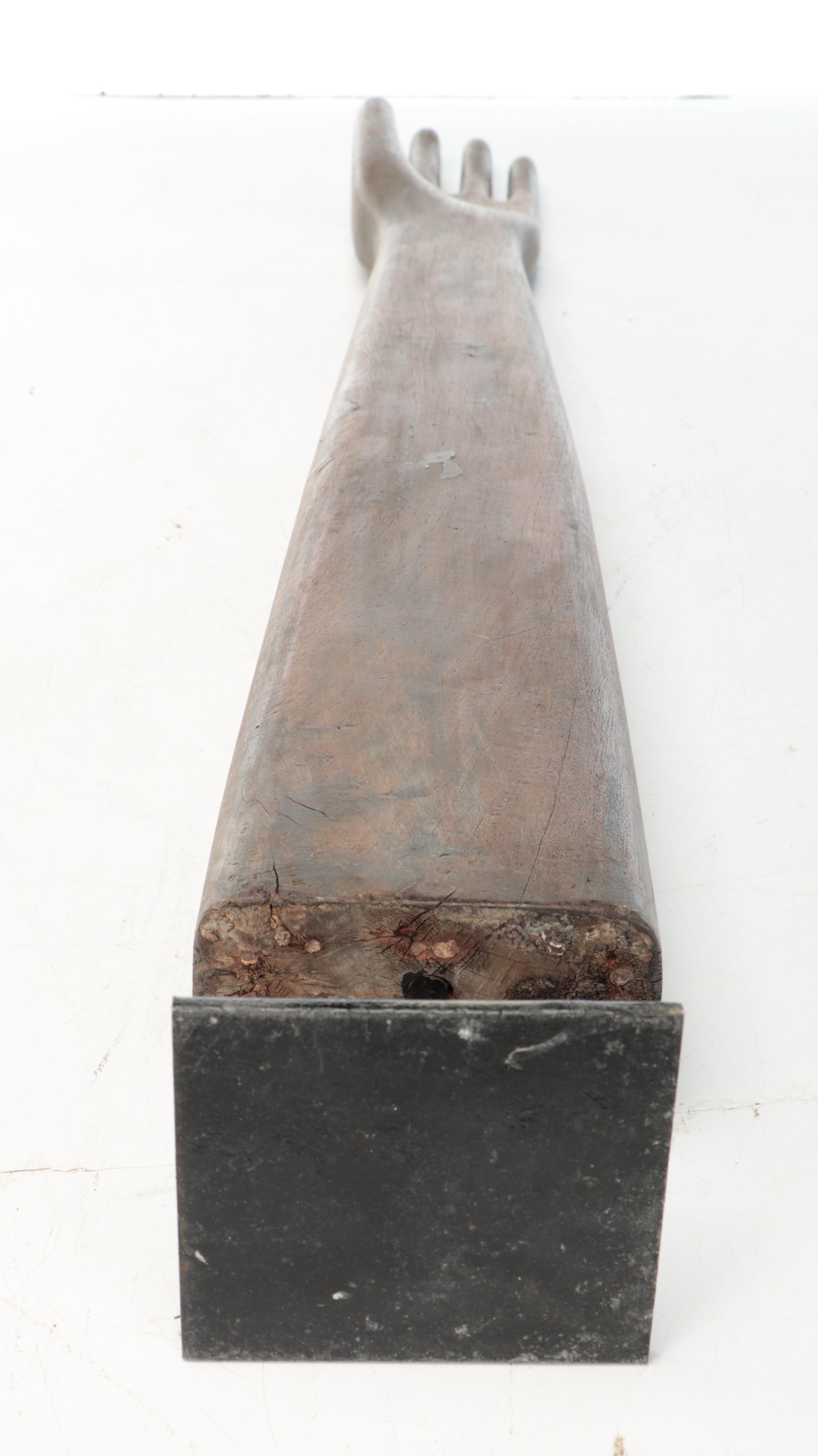 Folk Art Style Antiqued Wooden Hand on Metal Base