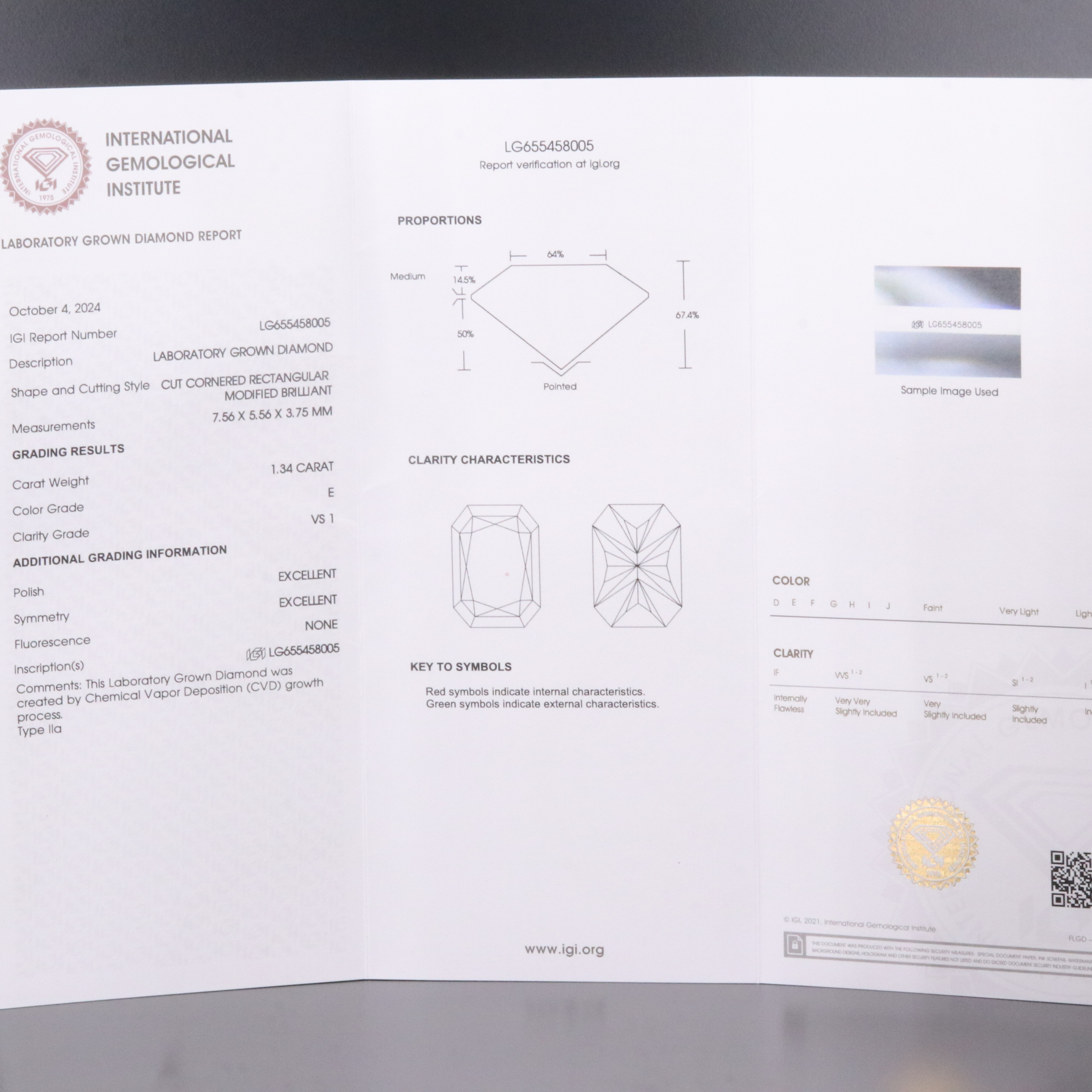 Loose 1.34 CT Lab Grown Diamond with IGI Report