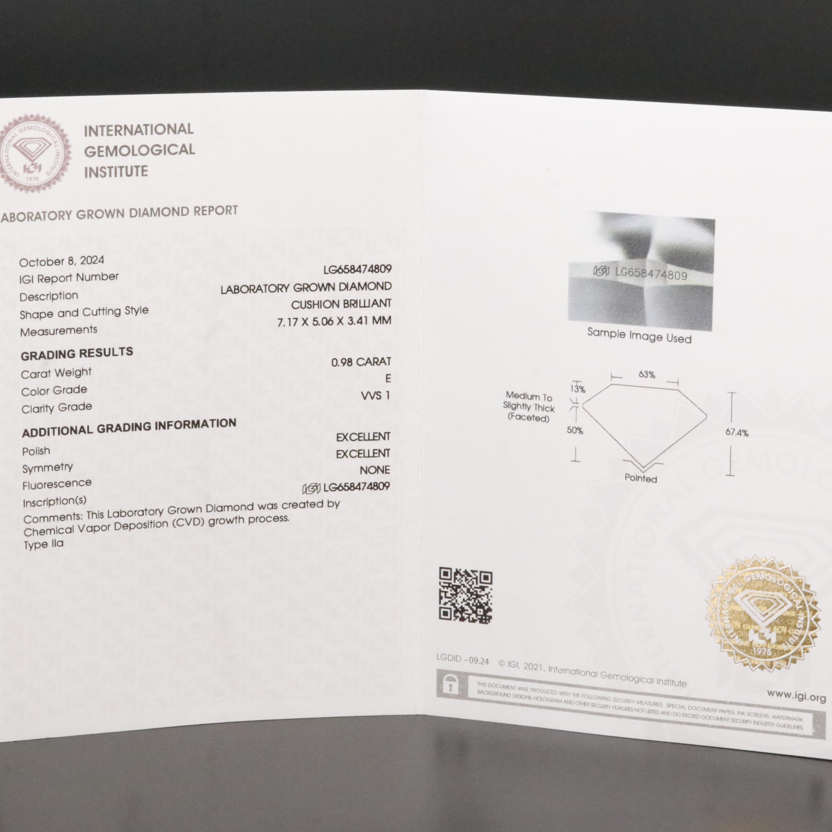 Loose 0.98 CT Lab Grown Diamond with IGI Report