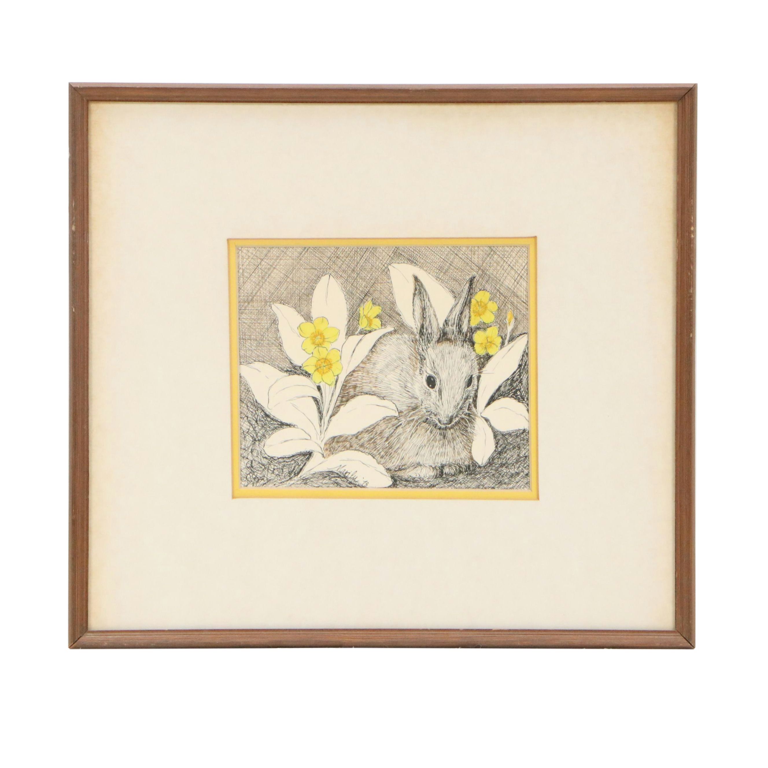Marilu Tousignaut Drawing and Print of Rabbits, Circa 1978