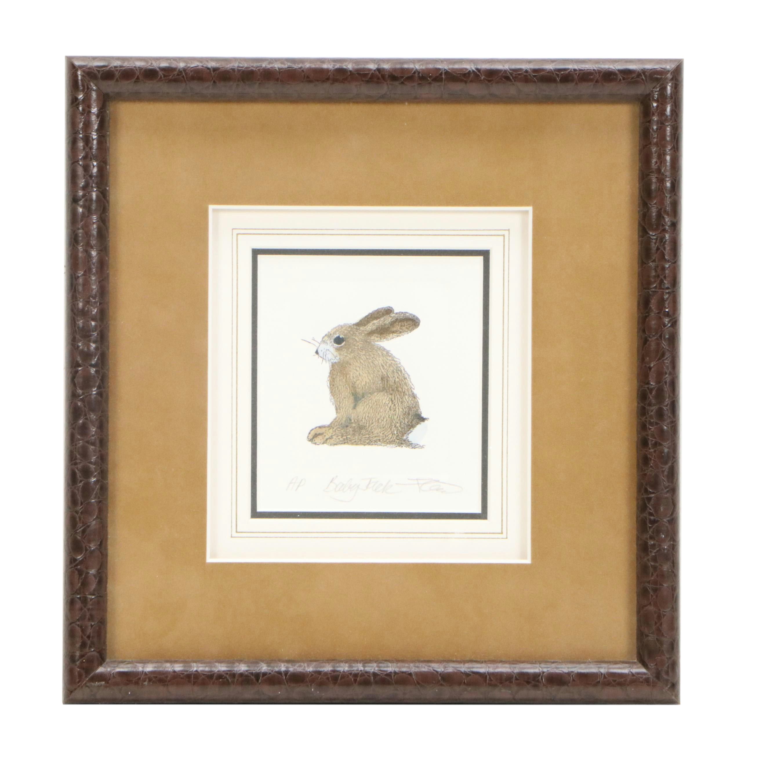 Marilu Tousignaut Drawing and Print of Rabbits, Circa 1978