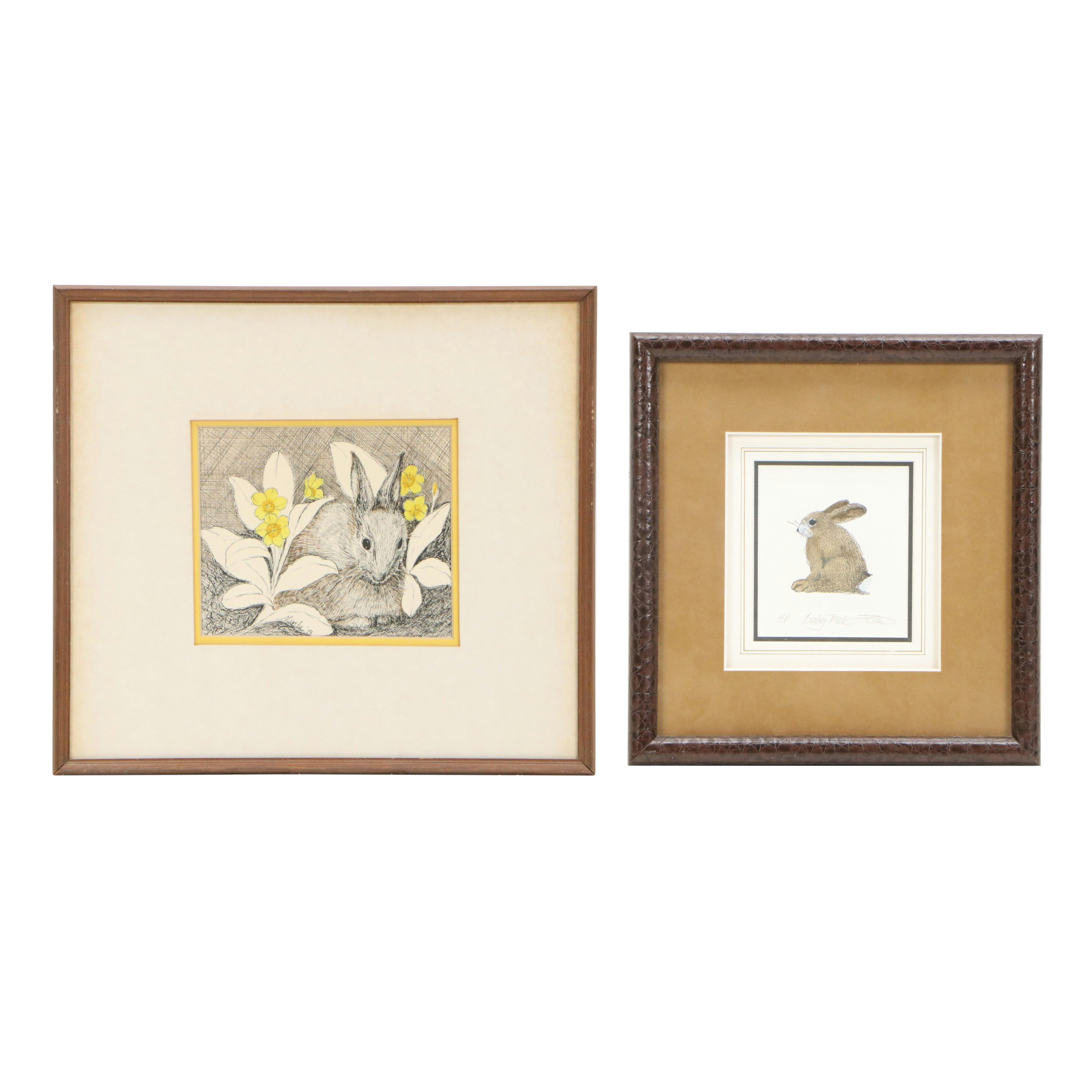 Marilu Tousignaut Drawing and Print of Rabbits, Circa 1978