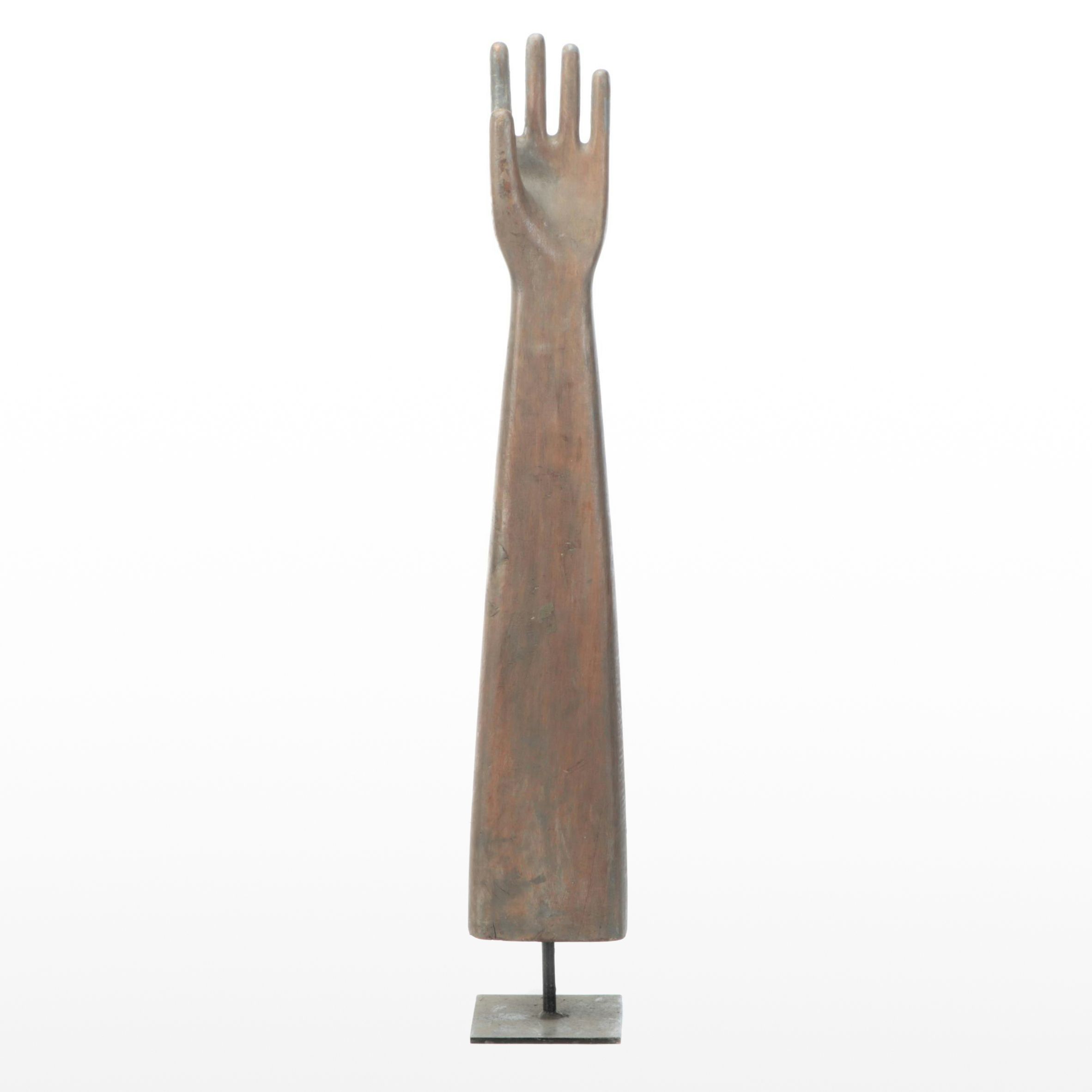 Folk Art Style Antiqued Wooden Hand on Metal Base
