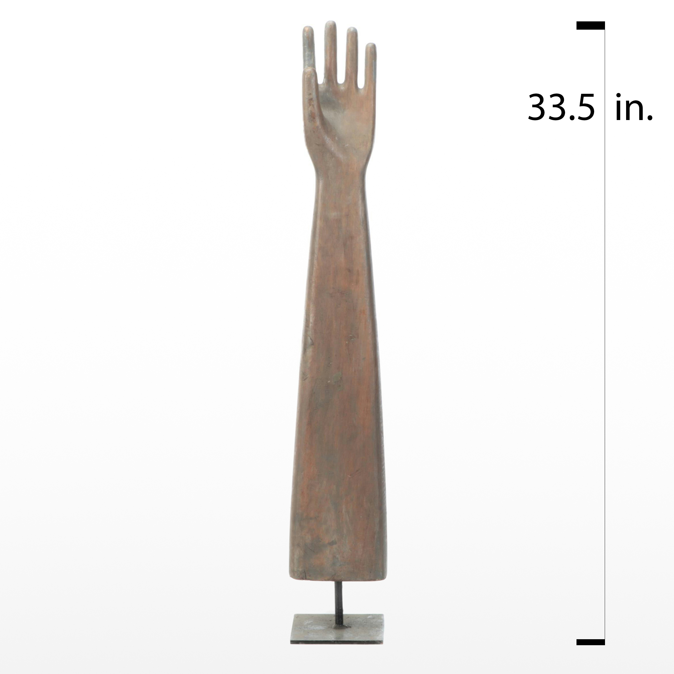 Folk Art Style Antiqued Wooden Hand on Metal Base
