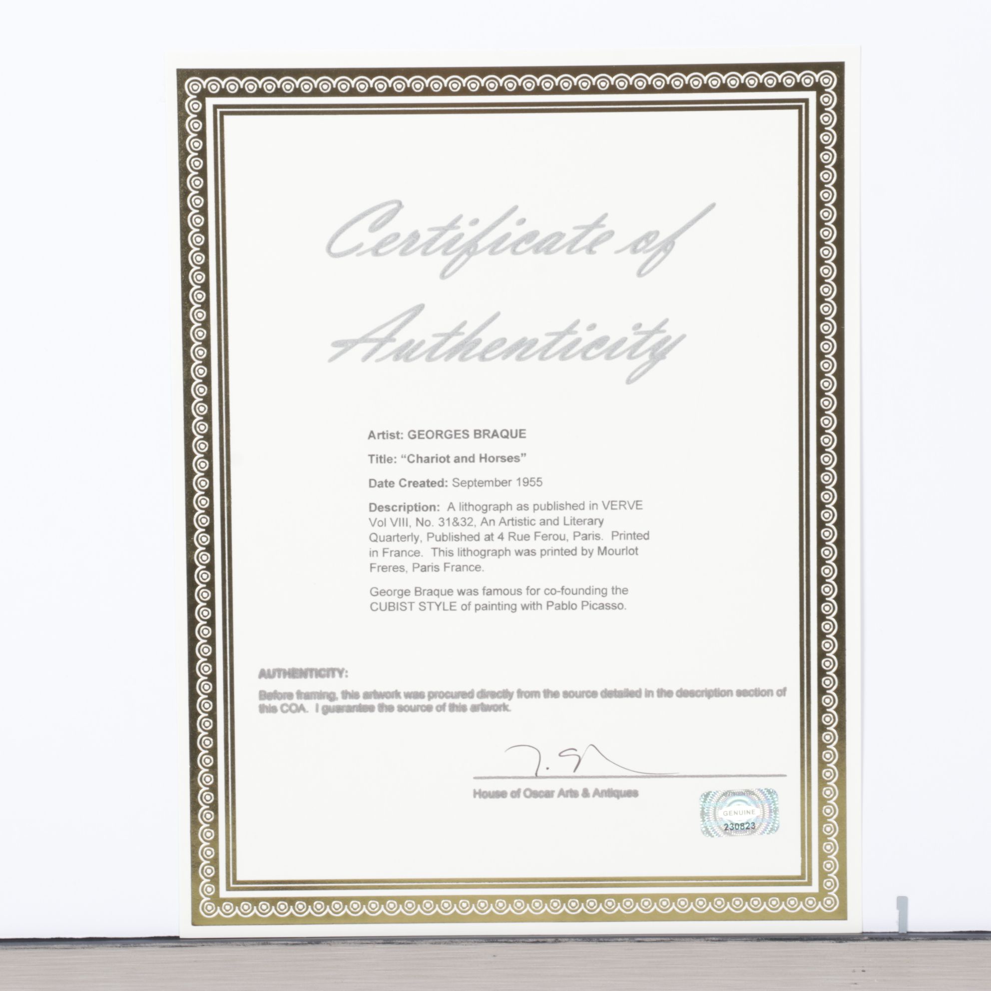 Lithograph After Georges Braque "Chariot and Horse," 1955