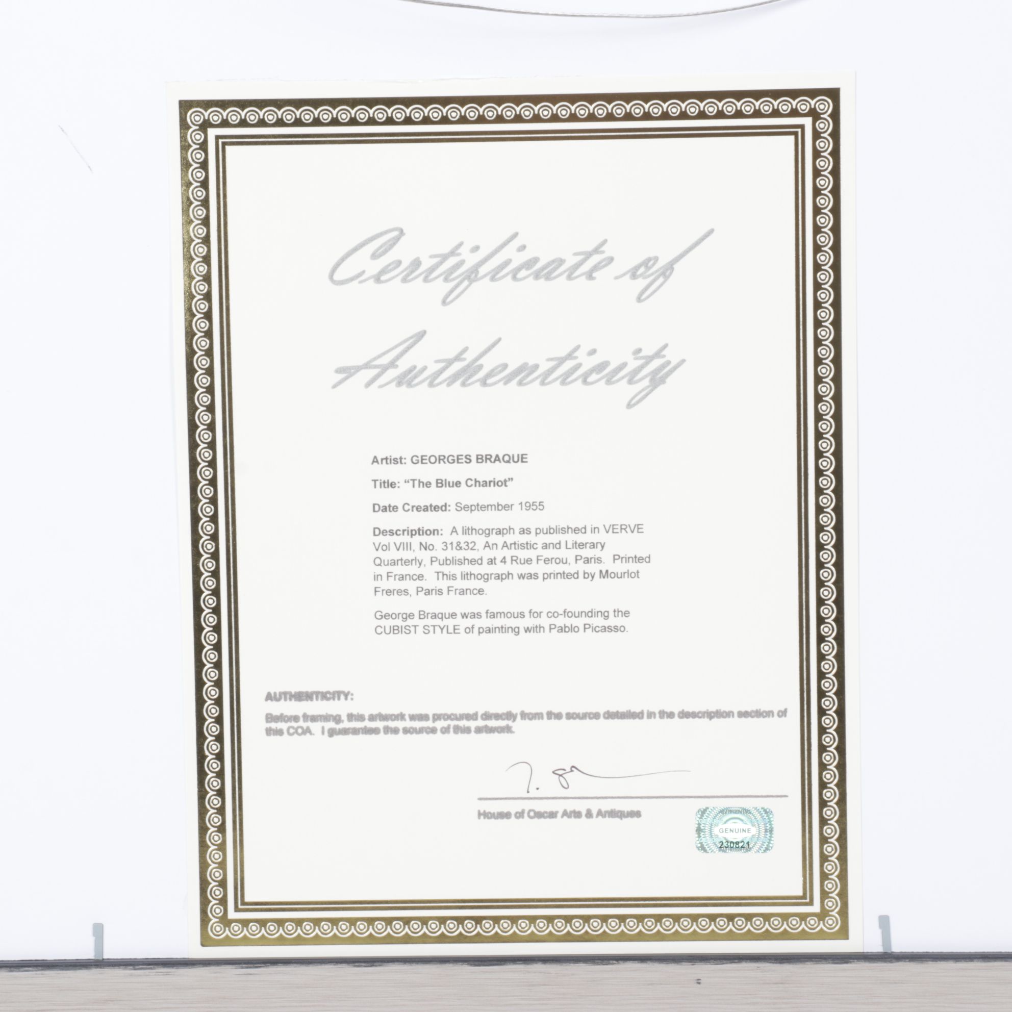 Lithograph After Georges Braque "The Blue Chariot," 1955