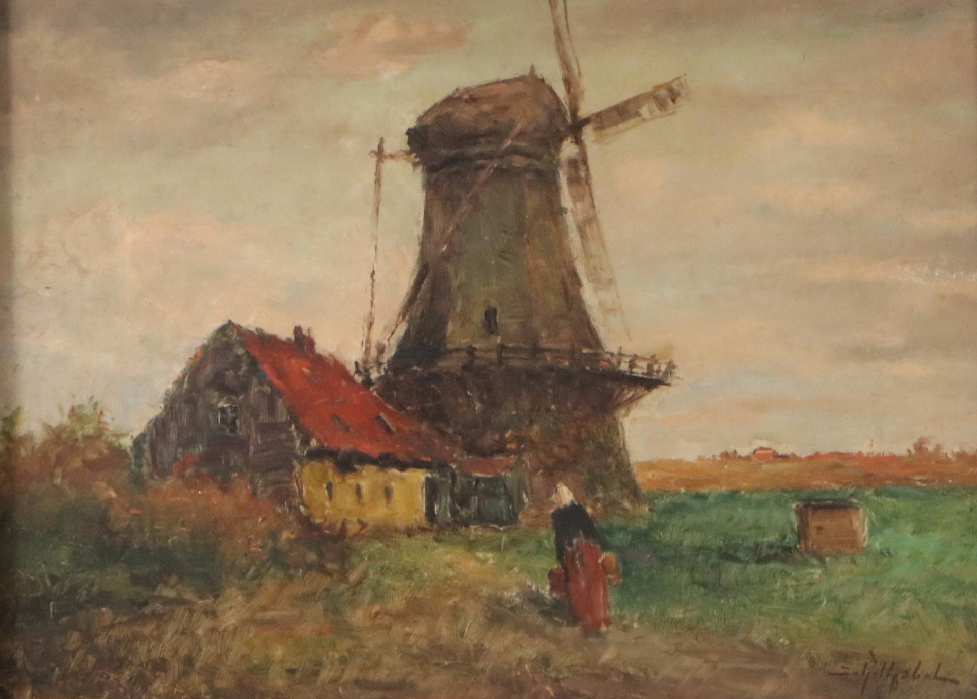 Josef Schilhabel Painting Farmhouse with Windmill, Early to Mid-20th Century