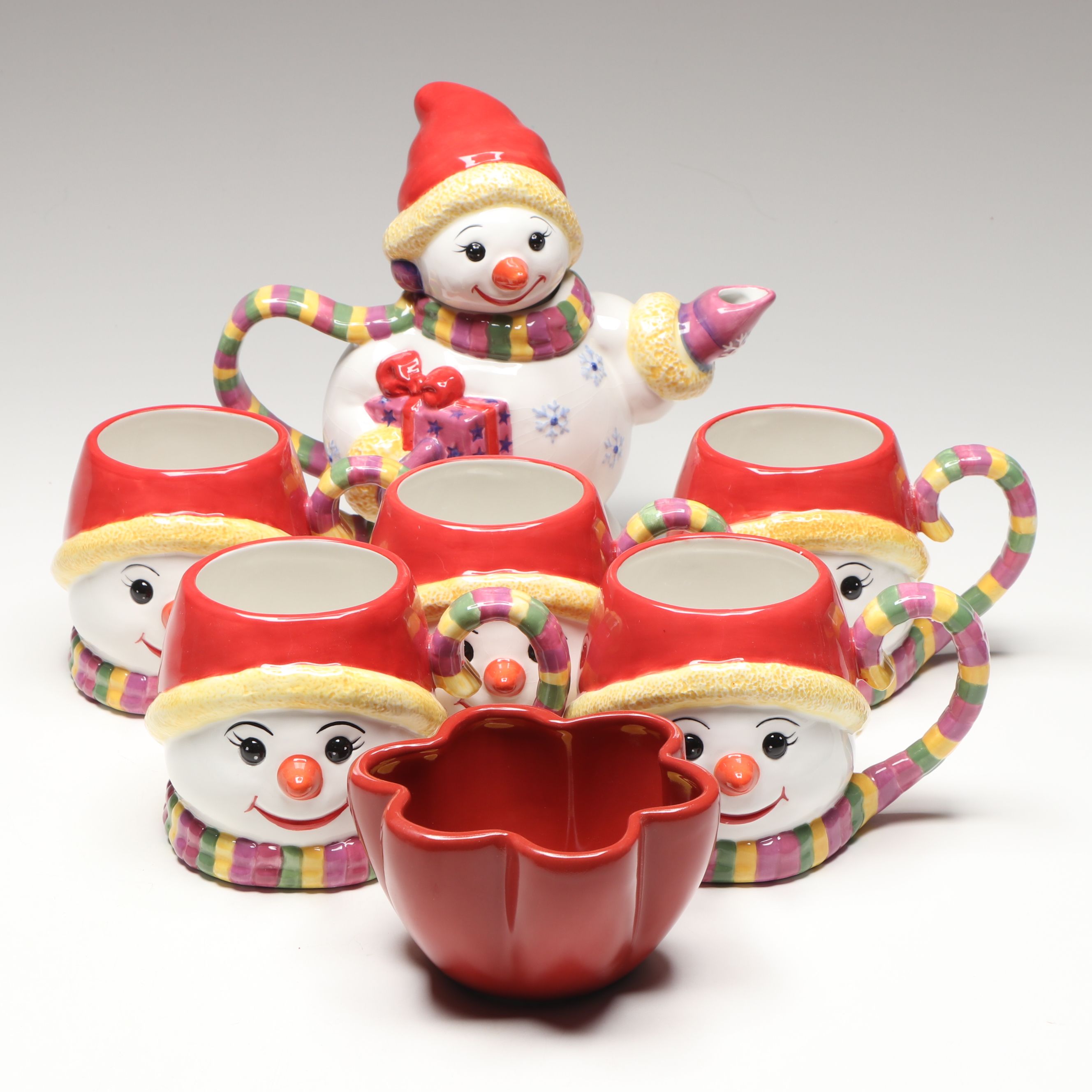 Christopher Radko "Holiday Celebrations" Snowman Teapot and Mugs with Bowl