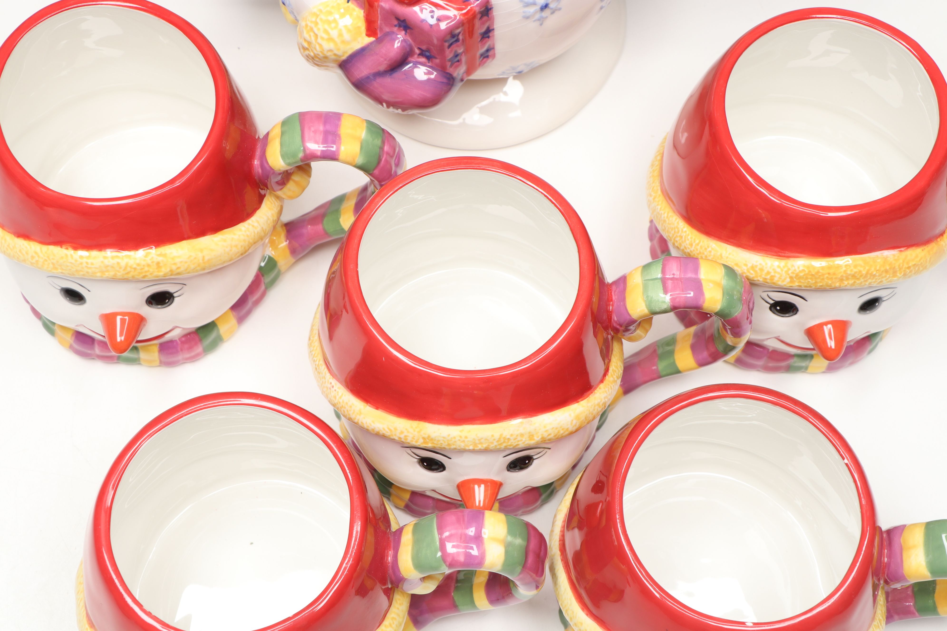 Christopher Radko "Holiday Celebrations" Snowman Teapot and Mugs with Bowl