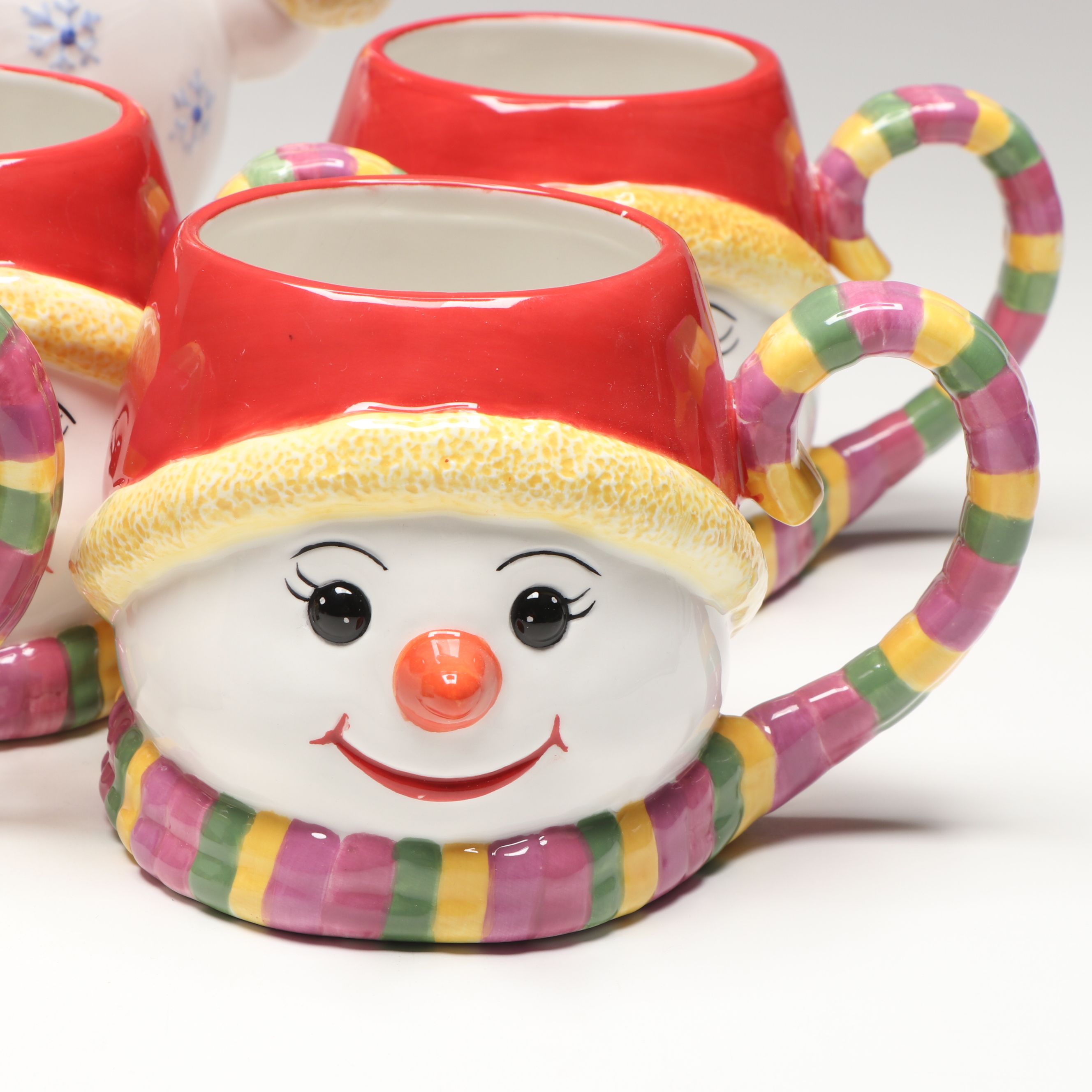 Christopher Radko "Holiday Celebrations" Snowman Teapot and Mugs with Bowl