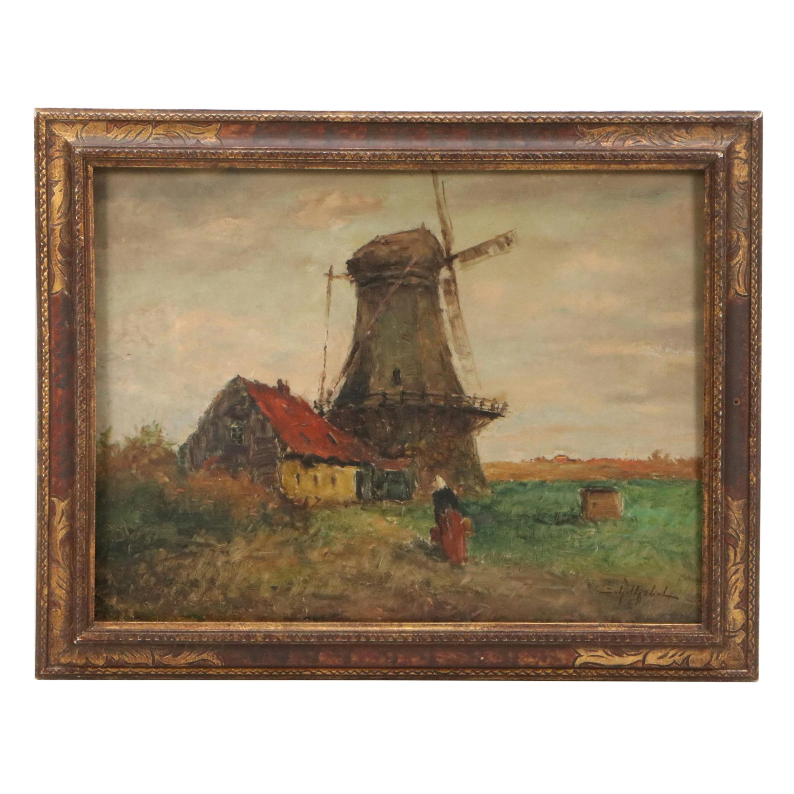 Josef Schilhabel Painting Farmhouse with Windmill, Early to Mid-20th Century
