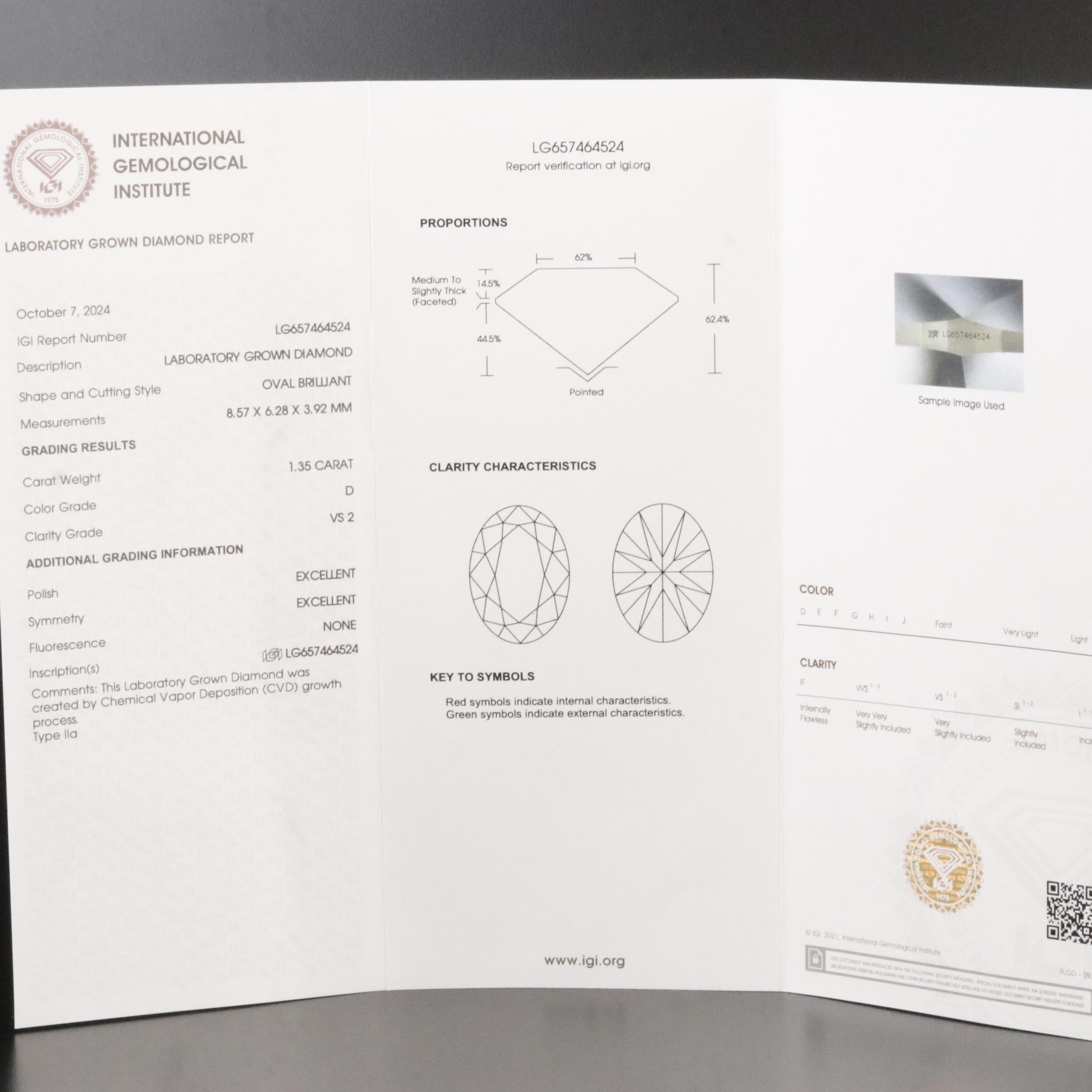 Loose 1.35 CT Lab Grown Diamond with IGI Report
