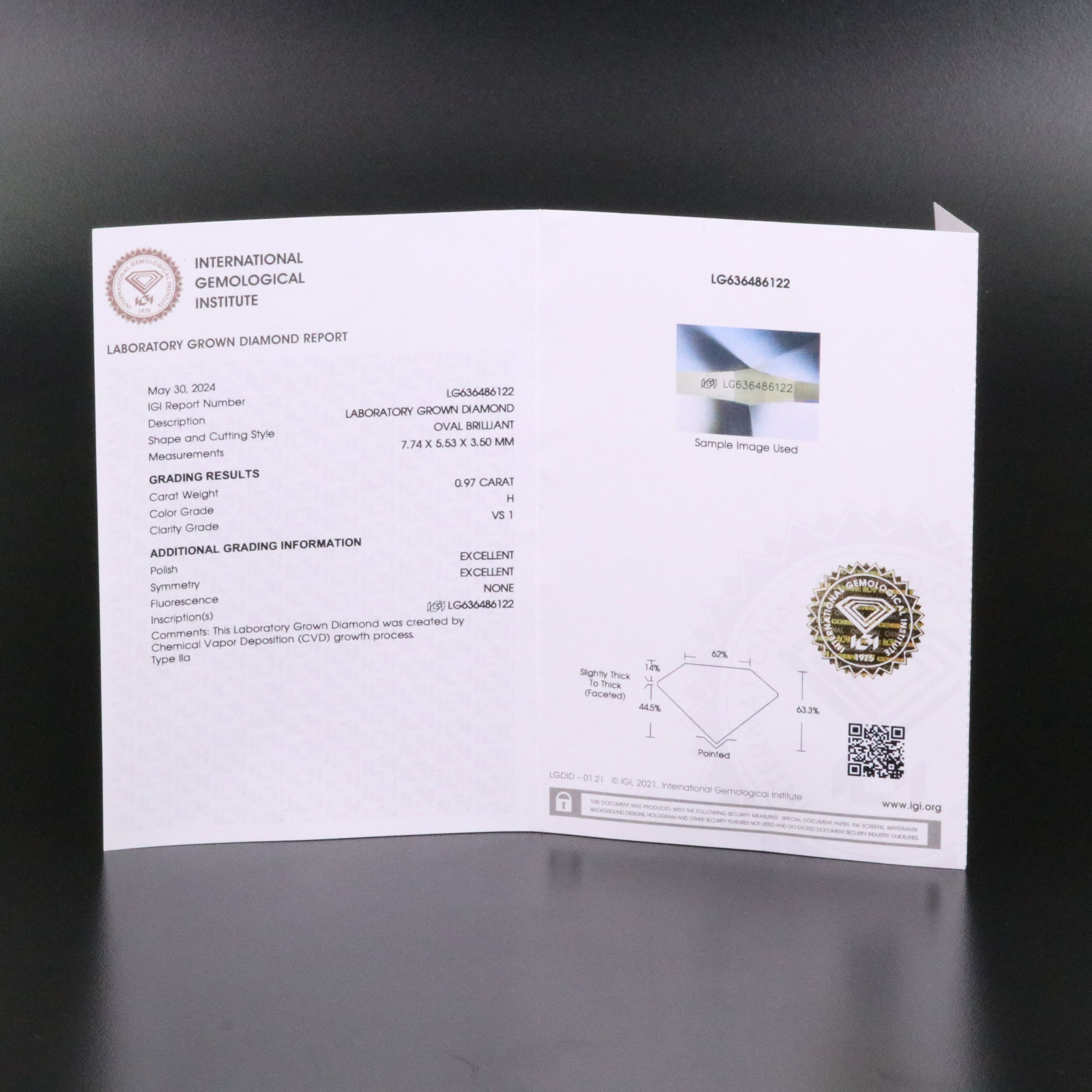 Loose 0.97 CT Lab Grown Diamond with IGI Report