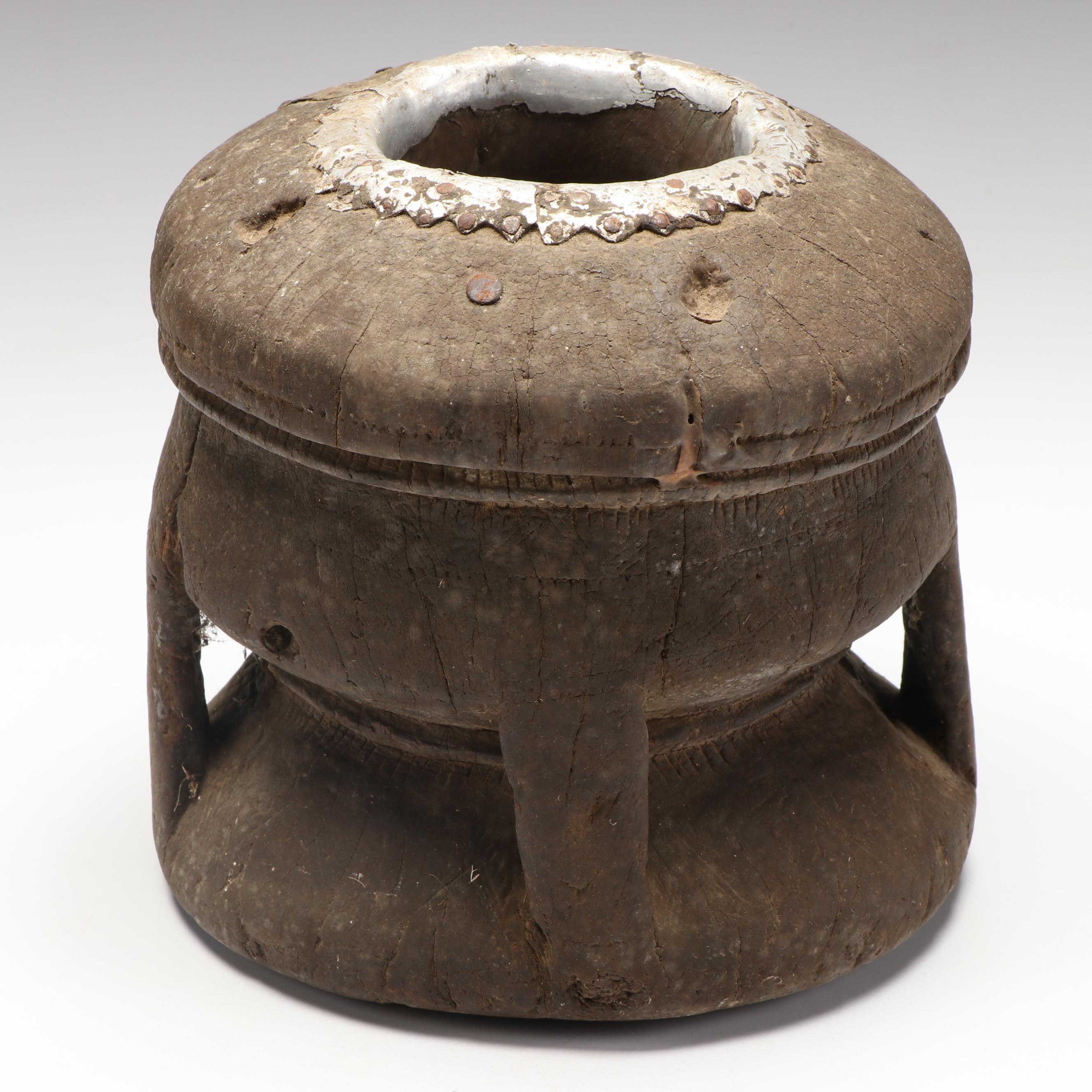 Wood Mancala Board with Seed Game Pieces with Carved Wood Post and Vessel
