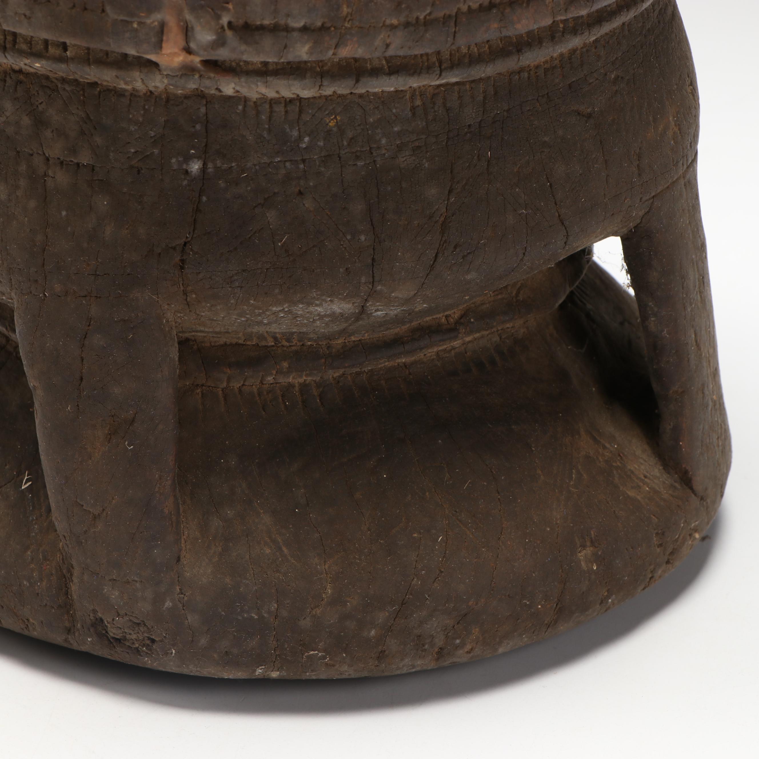 Wood Mancala Board with Seed Game Pieces with Carved Wood Post and Vessel