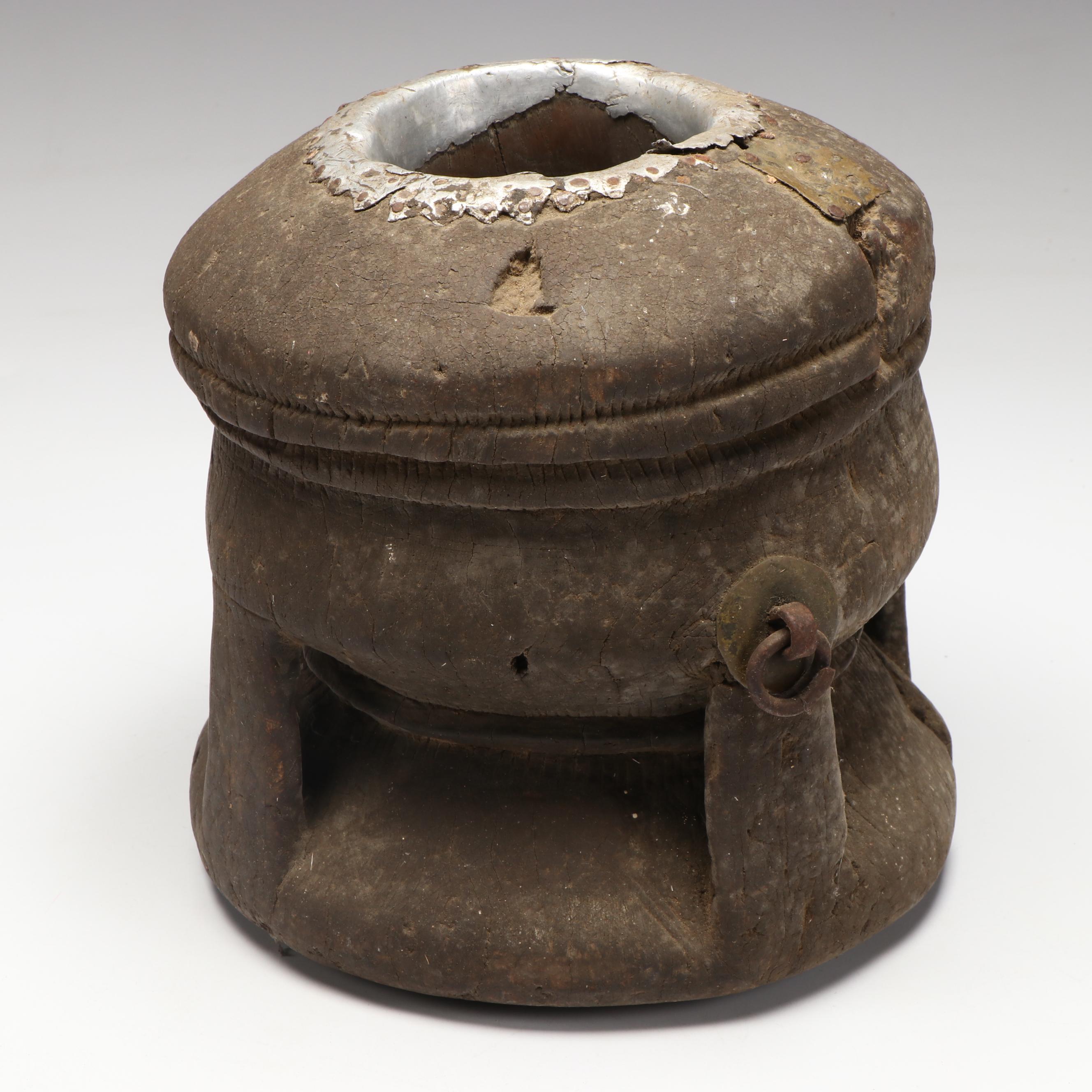 Wood Mancala Board with Seed Game Pieces with Carved Wood Post and Vessel