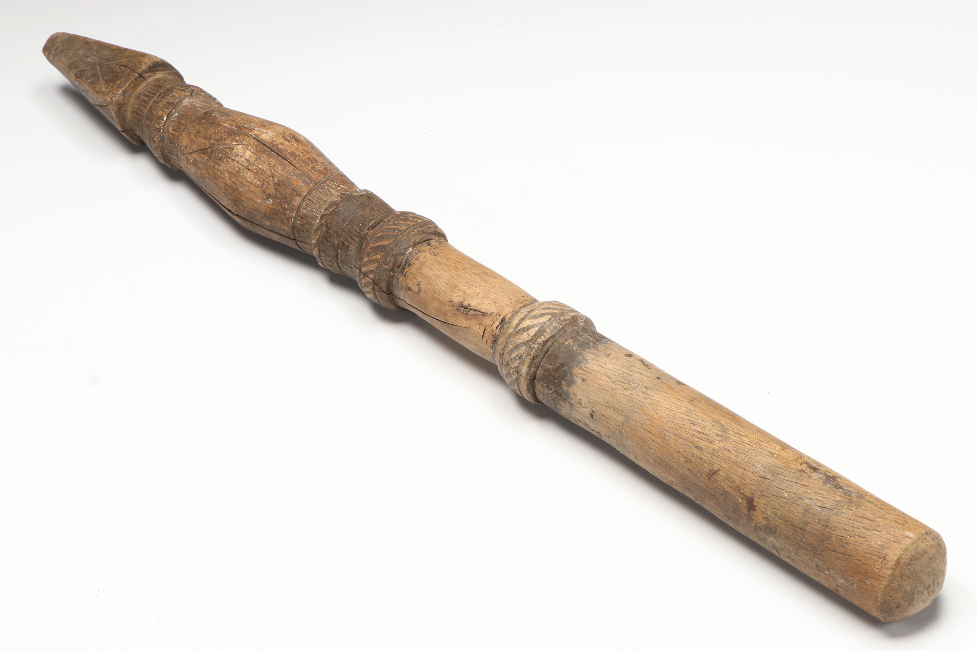 Wood Mancala Board with Seed Game Pieces with Carved Wood Post and Vessel