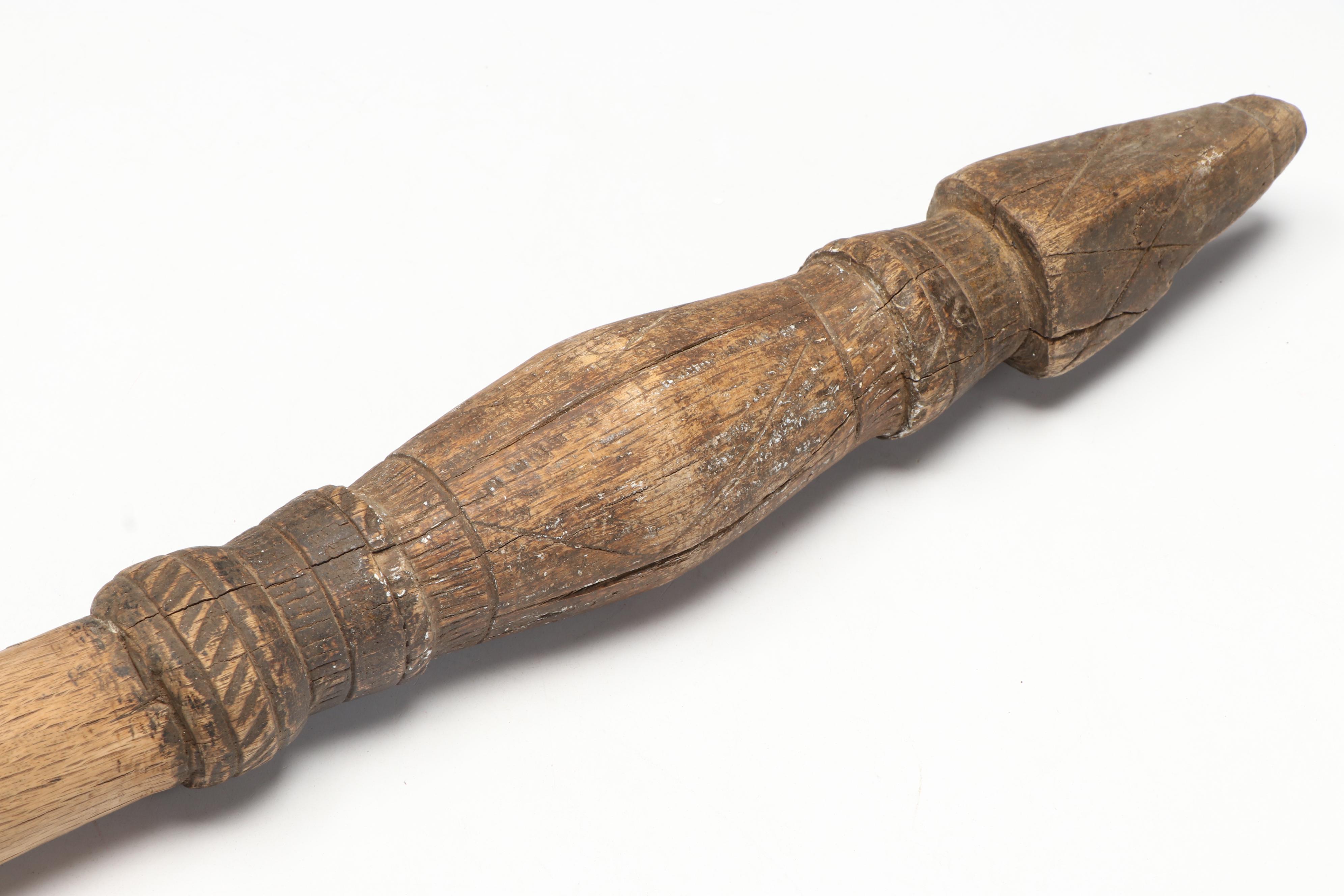 Wood Mancala Board with Seed Game Pieces with Carved Wood Post and Vessel
