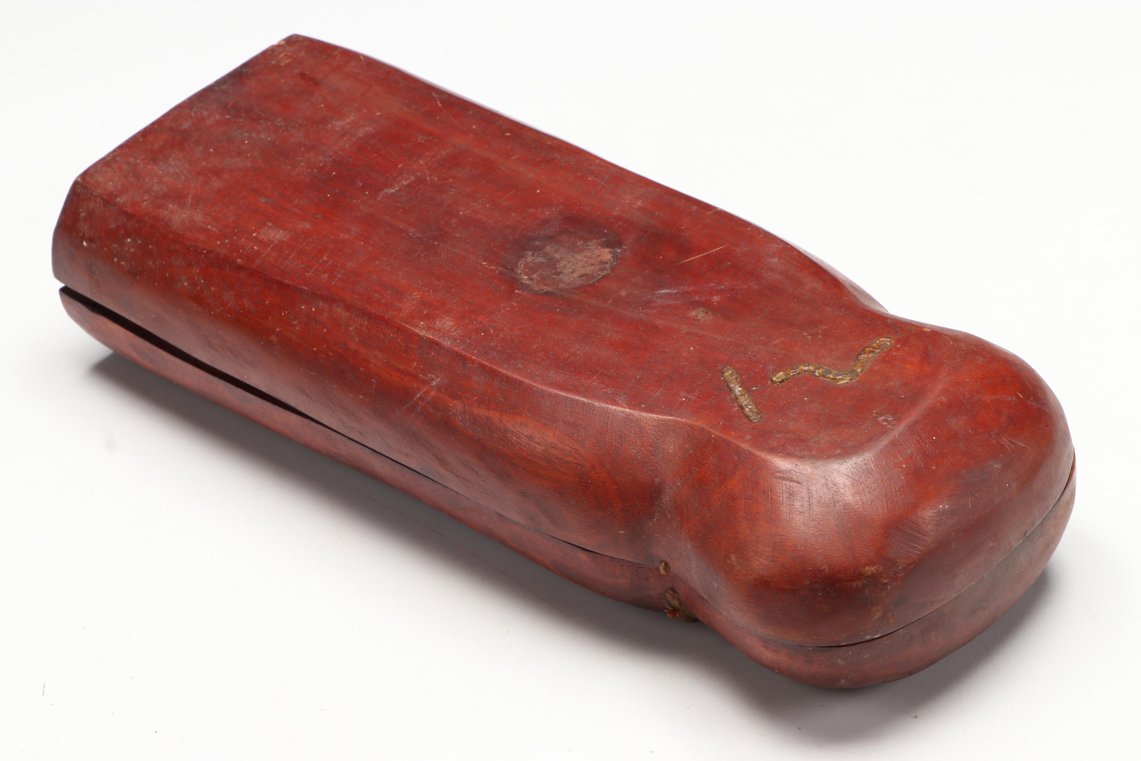Wood Mancala Board with Seed Game Pieces with Carved Wood Post and Vessel