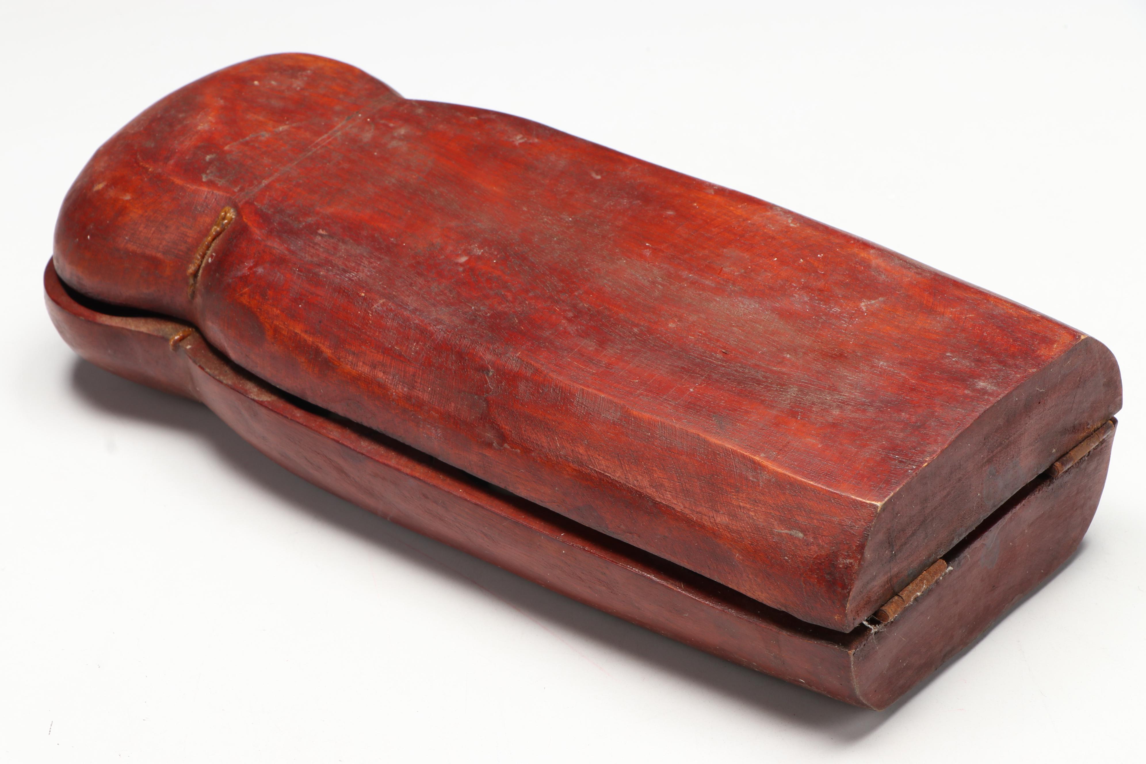 Wood Mancala Board with Seed Game Pieces with Carved Wood Post and Vessel