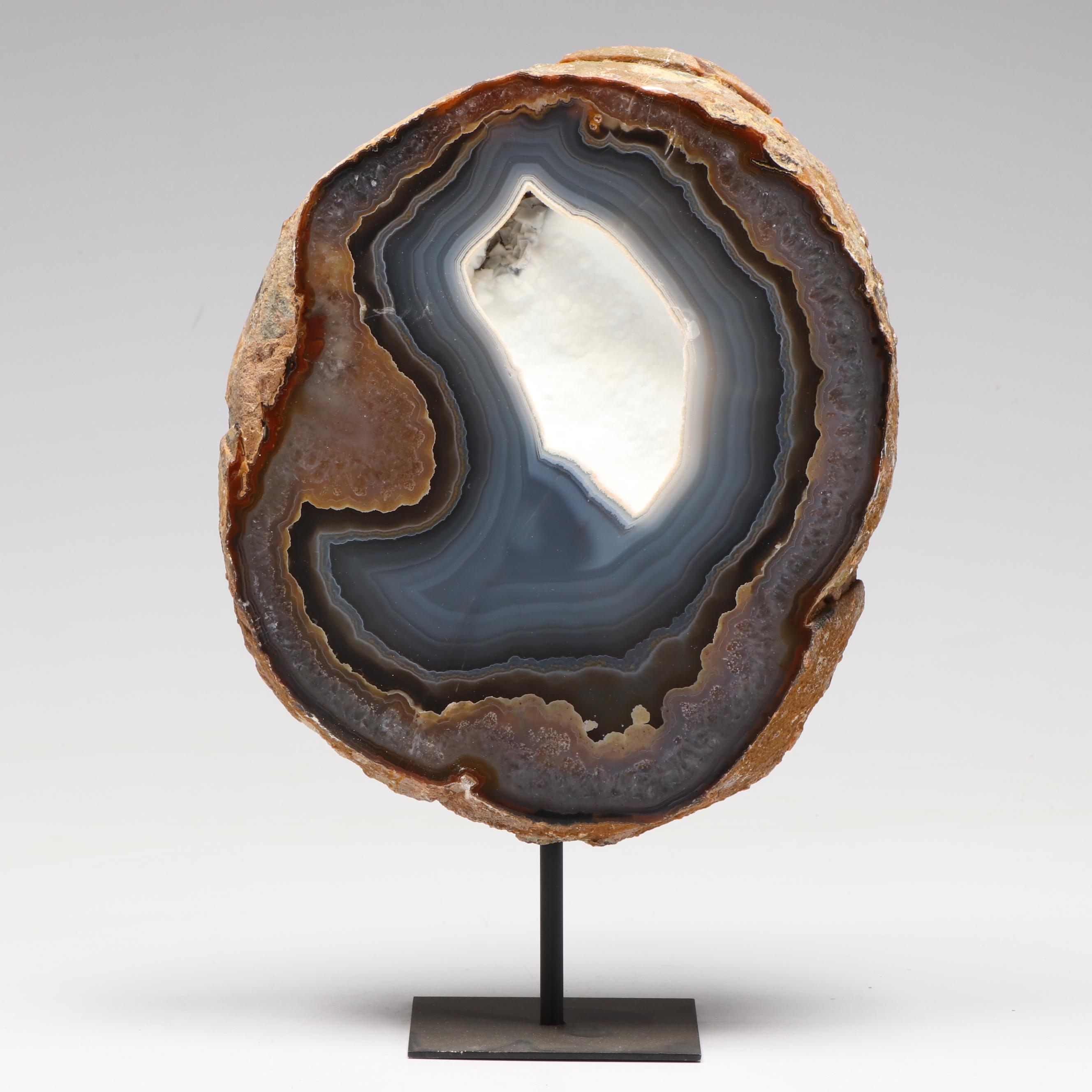 Thunderegg Half with Blue Lace and Banded Agate on Custom Stand