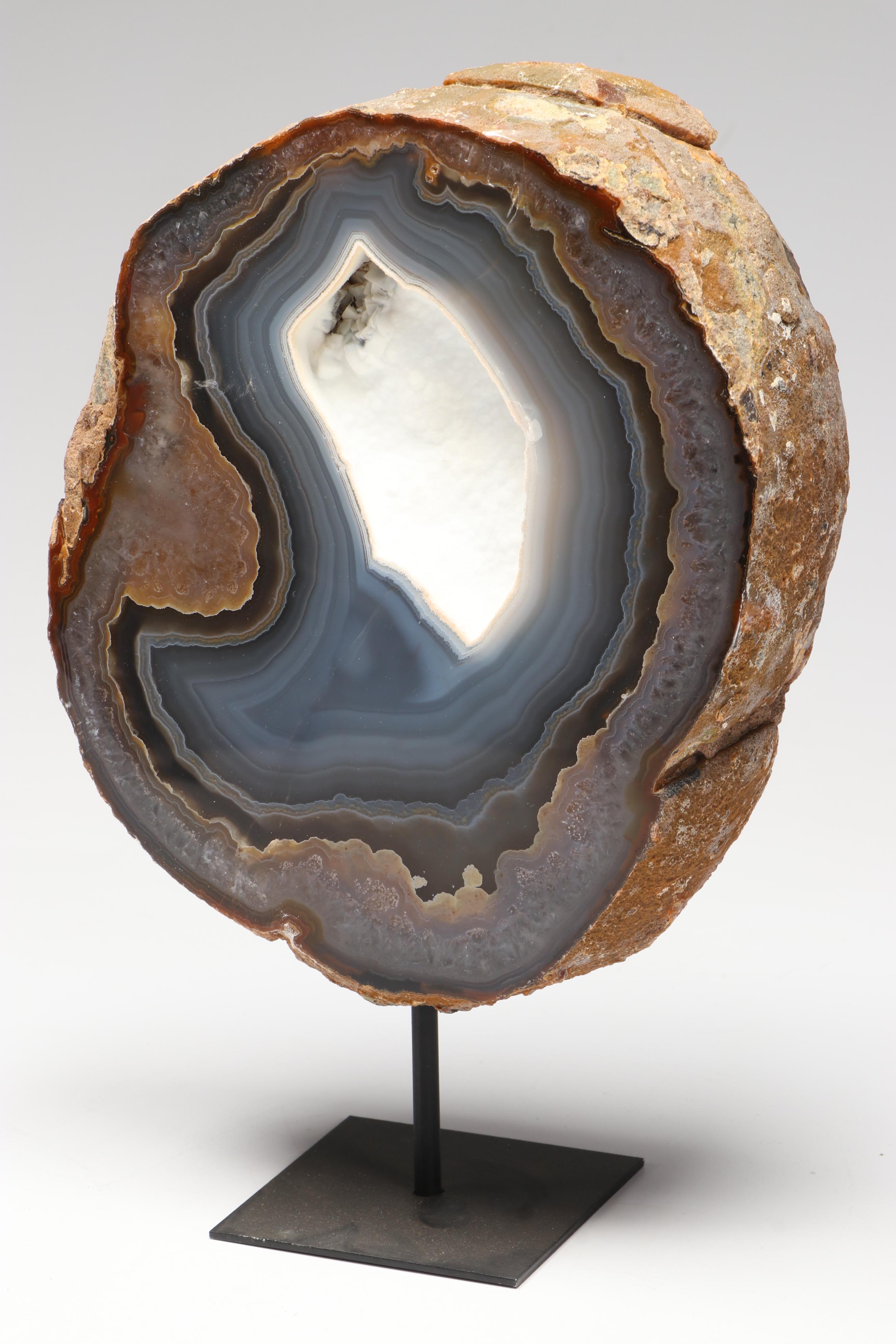 Thunderegg Half with Blue Lace and Banded Agate on Custom Stand