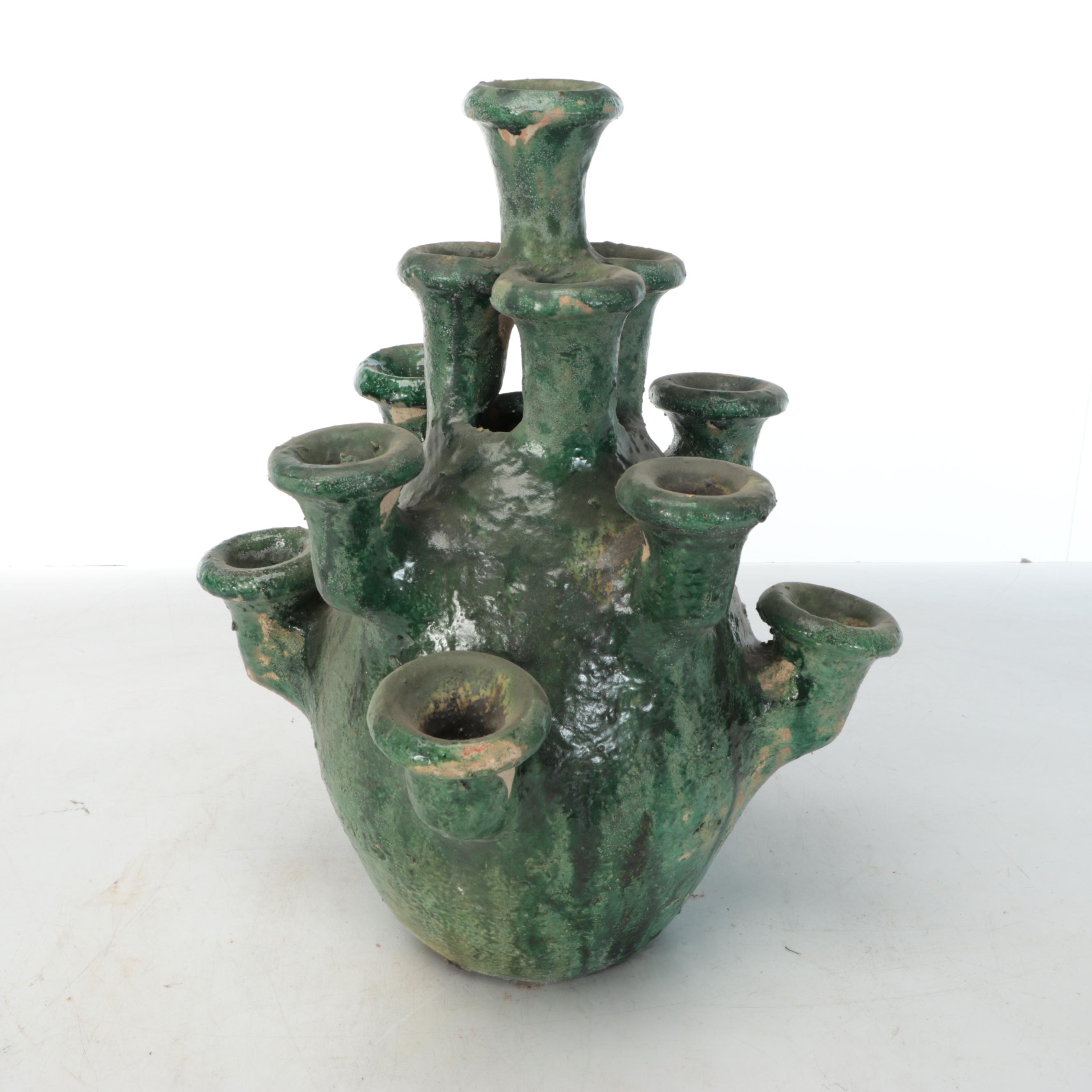Tamegroute Pottery Green Glaze Candlestick Holder Vase